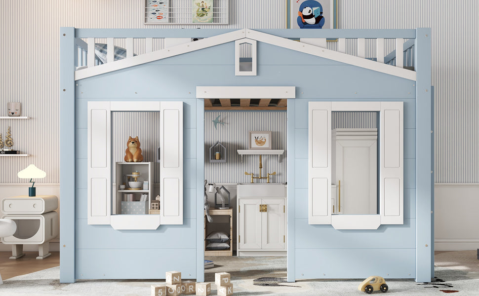 Loft Bed, Flexible Design with Window & Ladder, Pine + MDF + Plywood, Blue