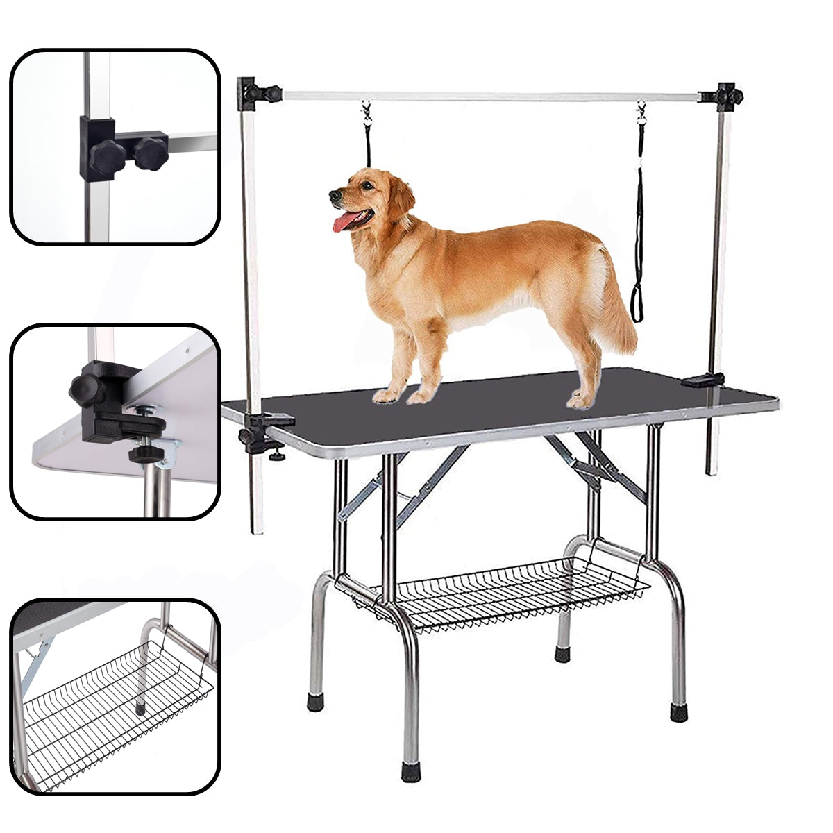Professional Foldable Dog Grooming Table, Adjustable Arm, Robust, Mesh Tray & Rubber Mat