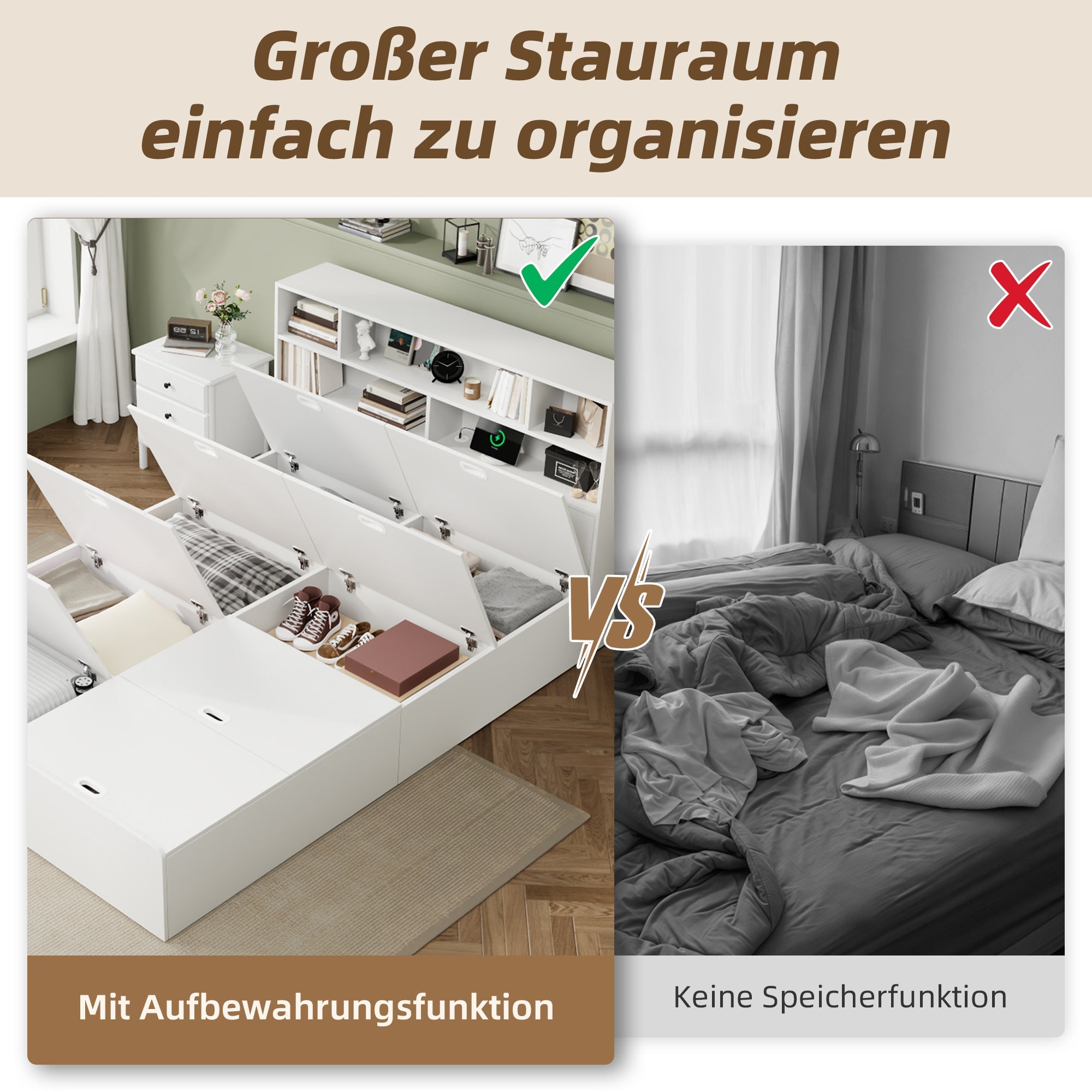 Double Storage Bed 140x200cm Solid Wood with USB Port & Under Bed Storage White