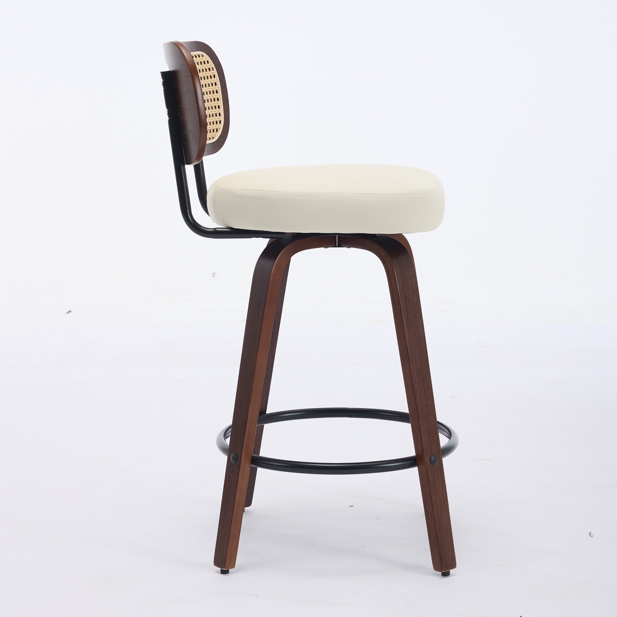 Set of 2 Counter Height Bar Stools, 26 Inch Swivel Rattan Cane Back with Upholstered Seat, Walnut and Beige