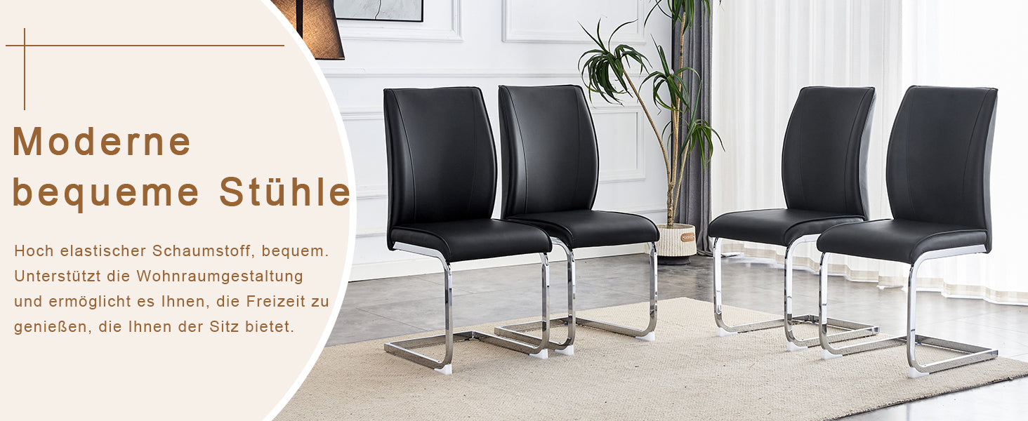 Stühle (4er-Set), bequem mit silberfarbenen Metallbeinen, schwarzes PU