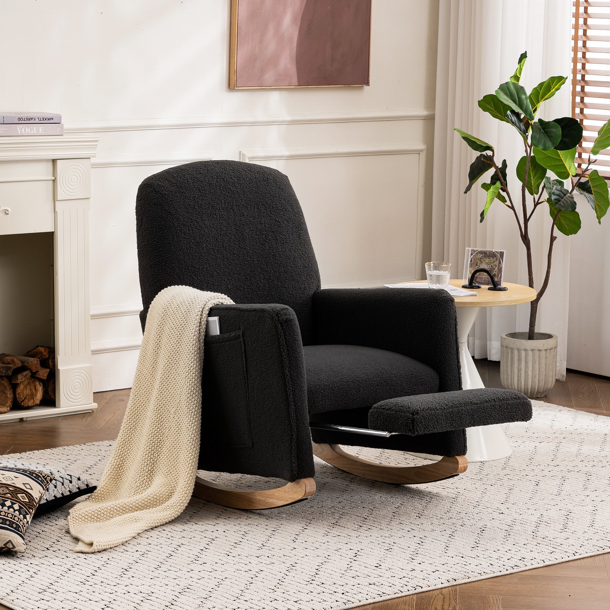 Rocking Chair with Stool, Recliner, High Back, Dark Grey Teddy Fabric