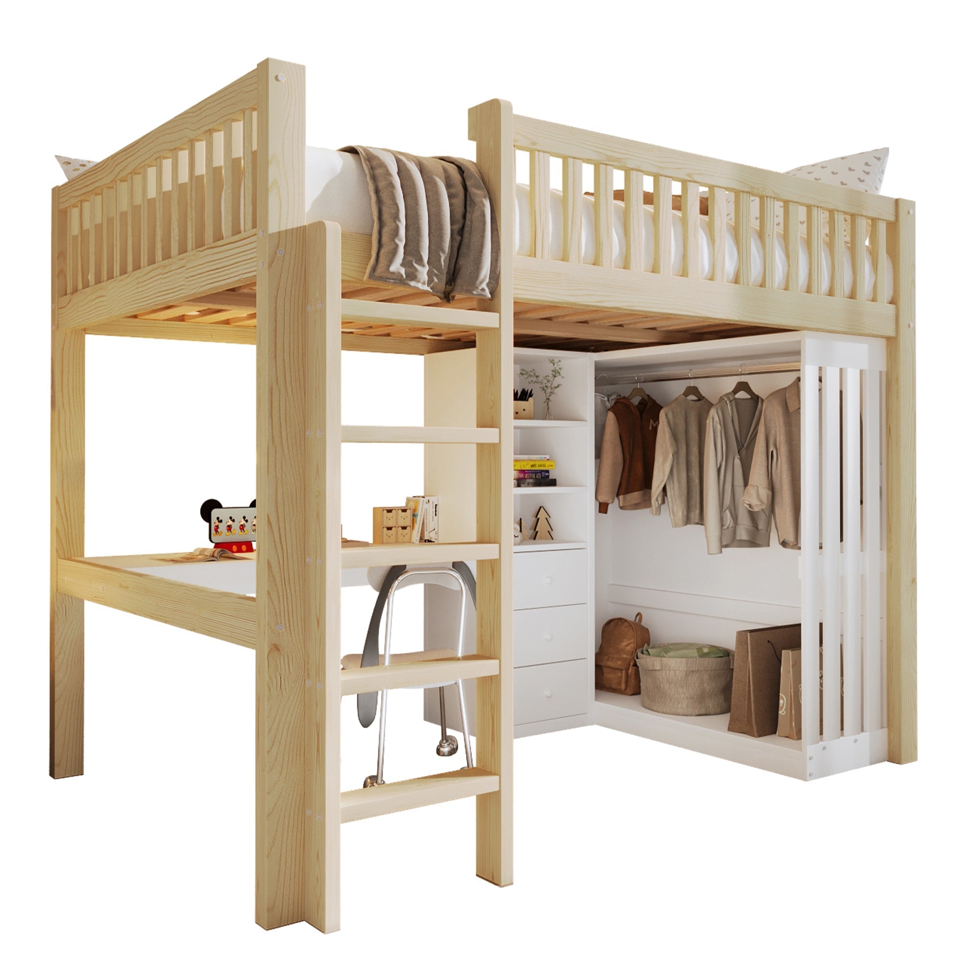 Loft Bed with Desk, Wardrobe and 3 Drawers, Natural
