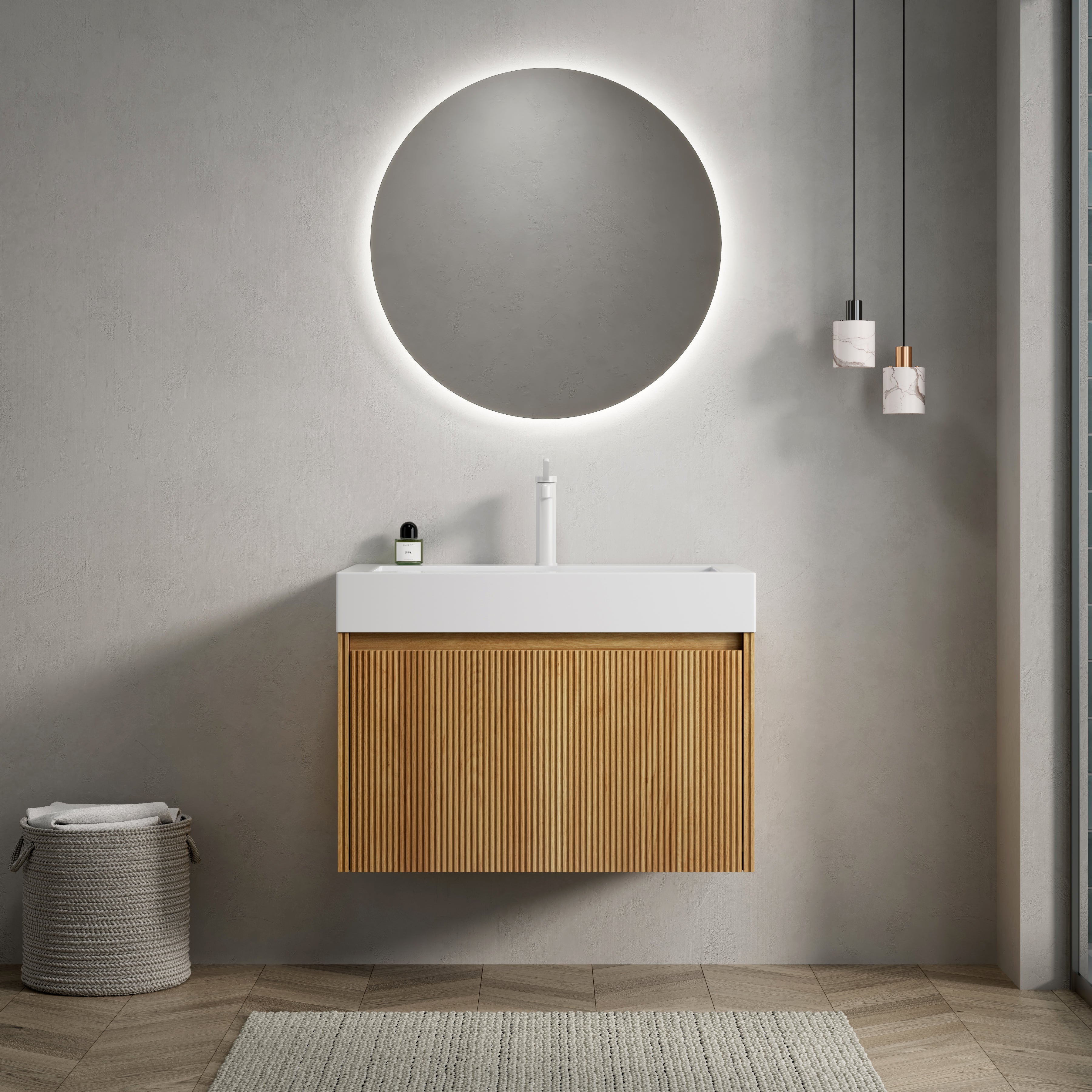 Wall-Mounted Bathroom Vanity Unit with Integrated Basin and Single Drawer, Natural Wood Grain Plywood