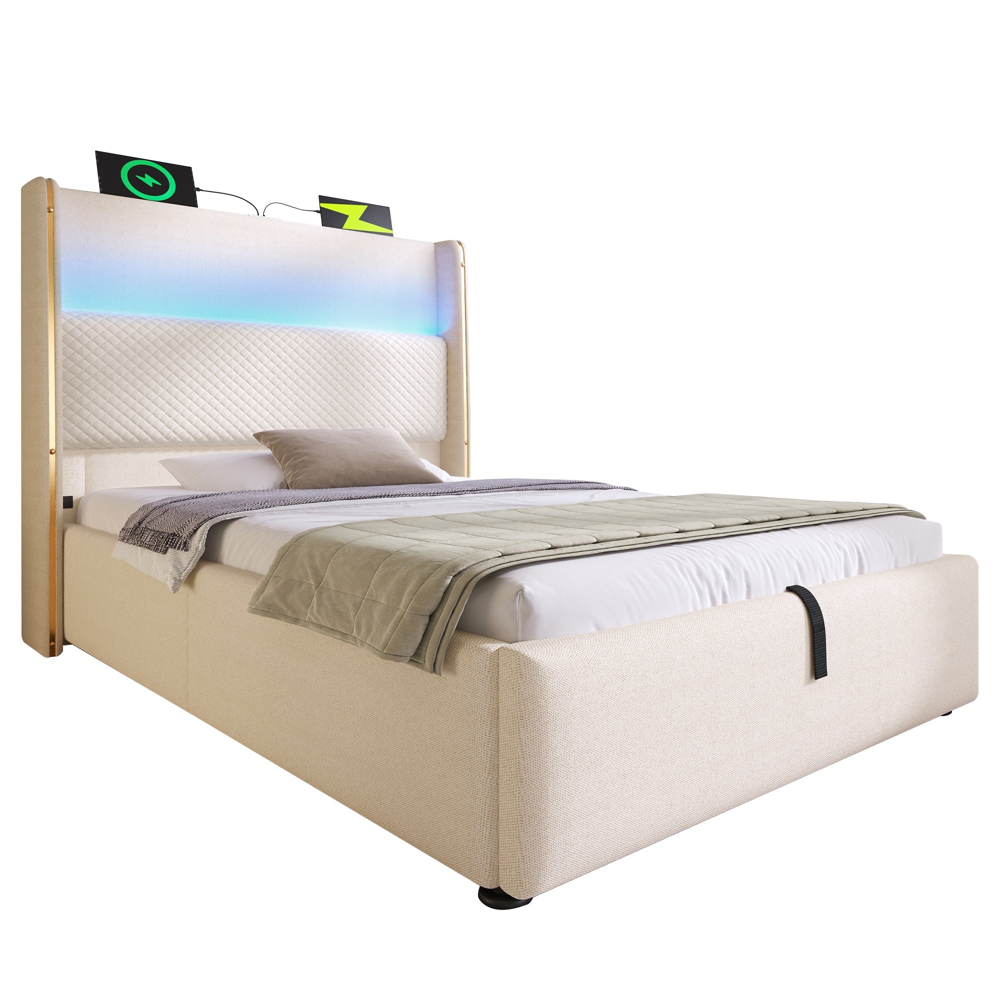 Modern Hydraulic Bed, 90x200cm Single, LED/USB Storage, Linen Look Beige