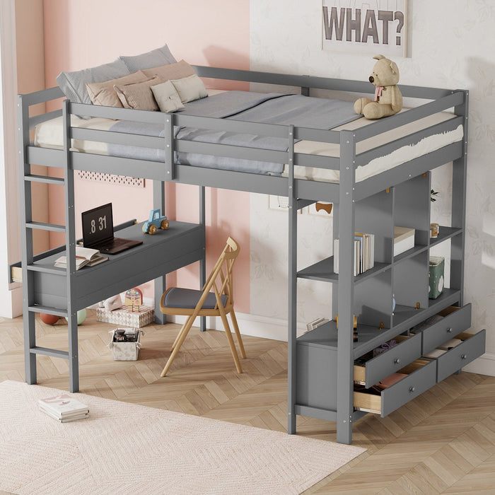 Loft Bed 140x200cm Storage Drawers Under-Bed Desk - Grey
