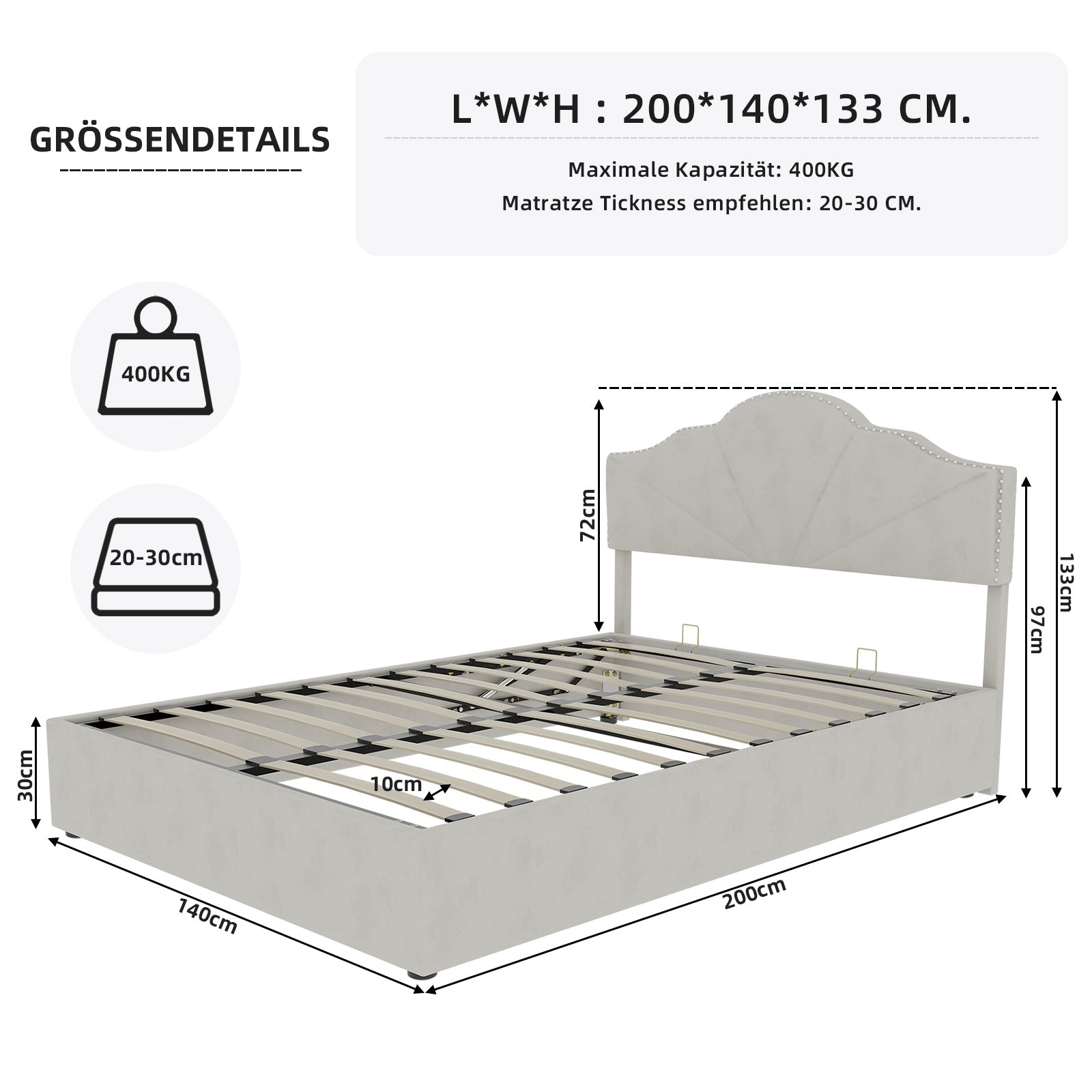 Modern Minimalist Soft Bed, Headboard with Hydraulic Rod, 140x200cm, Beige