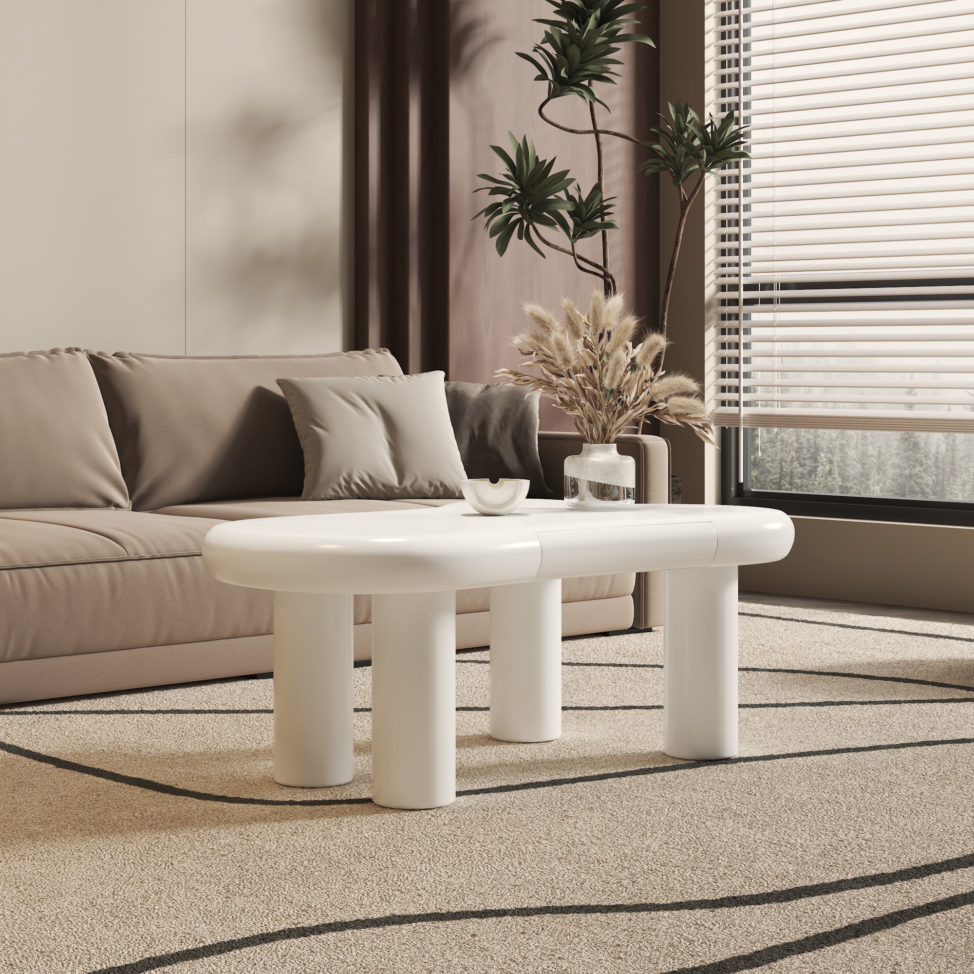 Coffee Table, Cloud-Shaped with 16-Color LED & Drawer, White MDF