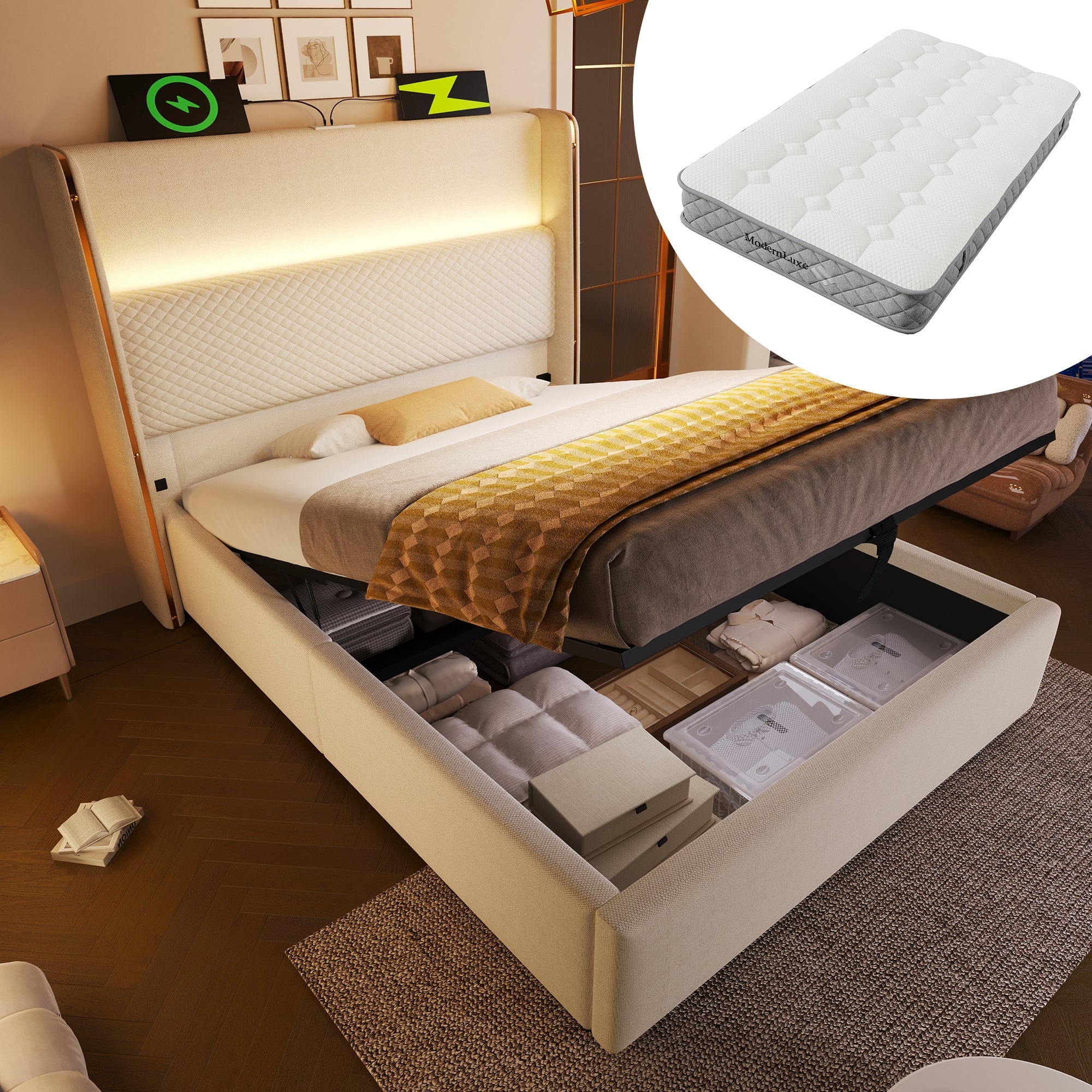 Modern Hydraulic Bed, 90x200cm Single, LED/USB Storage, Linen Look Beige