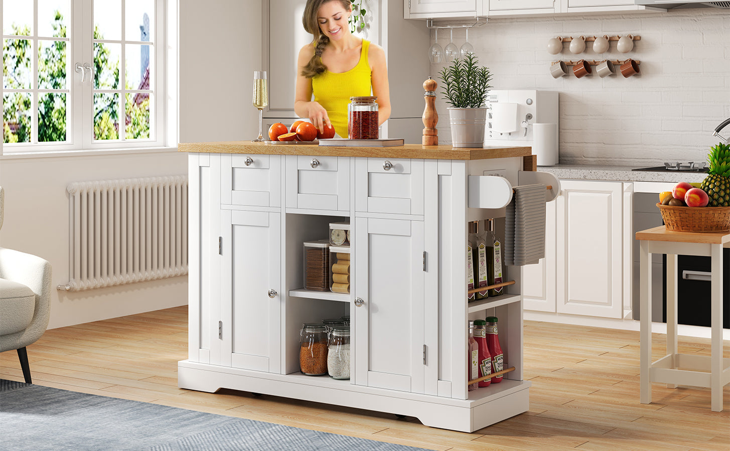 Mobile Kitchen Table 132cm Folding Worktop Multifunctional Cabinet 5 Wheels Integrated Socket