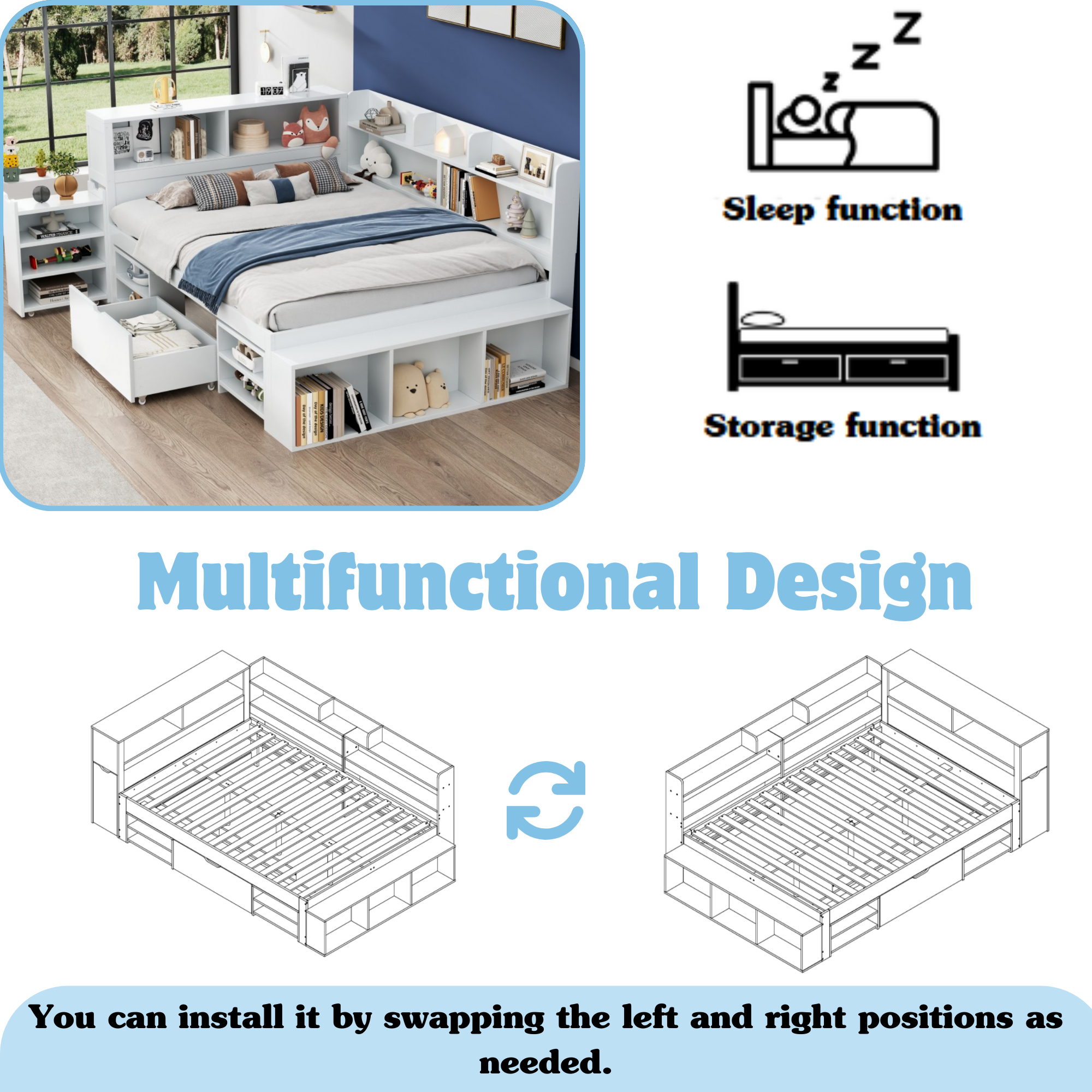 Children's Bed Double 4ft6 (135x190cm) with Drawers, Bookcase & Storage Cupboard, White