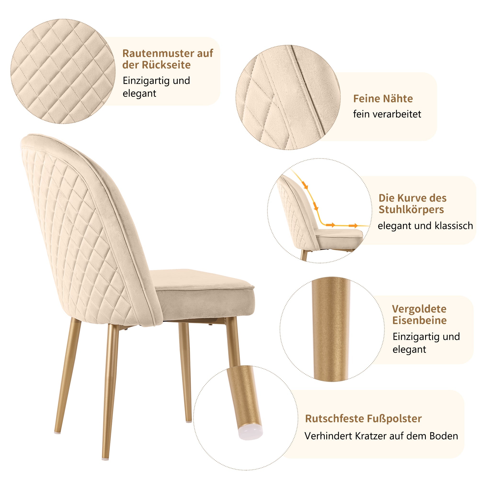 2 Dining Chairs Modern Comfortable Gold Metal Legs Beige Velvet