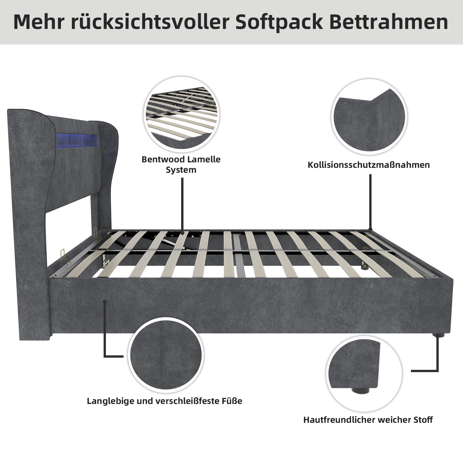 Modern Minimalist Upholstered Bed, LED Headboard, 160x200cm, Grey
