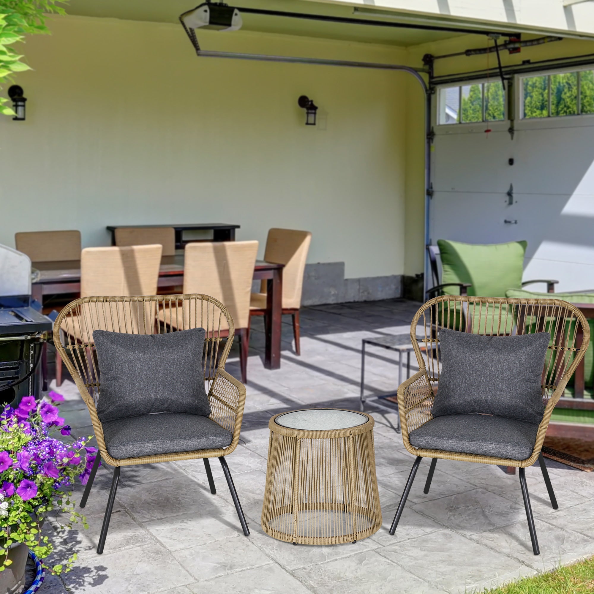 3 Pieces Rattan Bistro Set, Wicker Furniture with Cushions and Glass Top Table, Brown