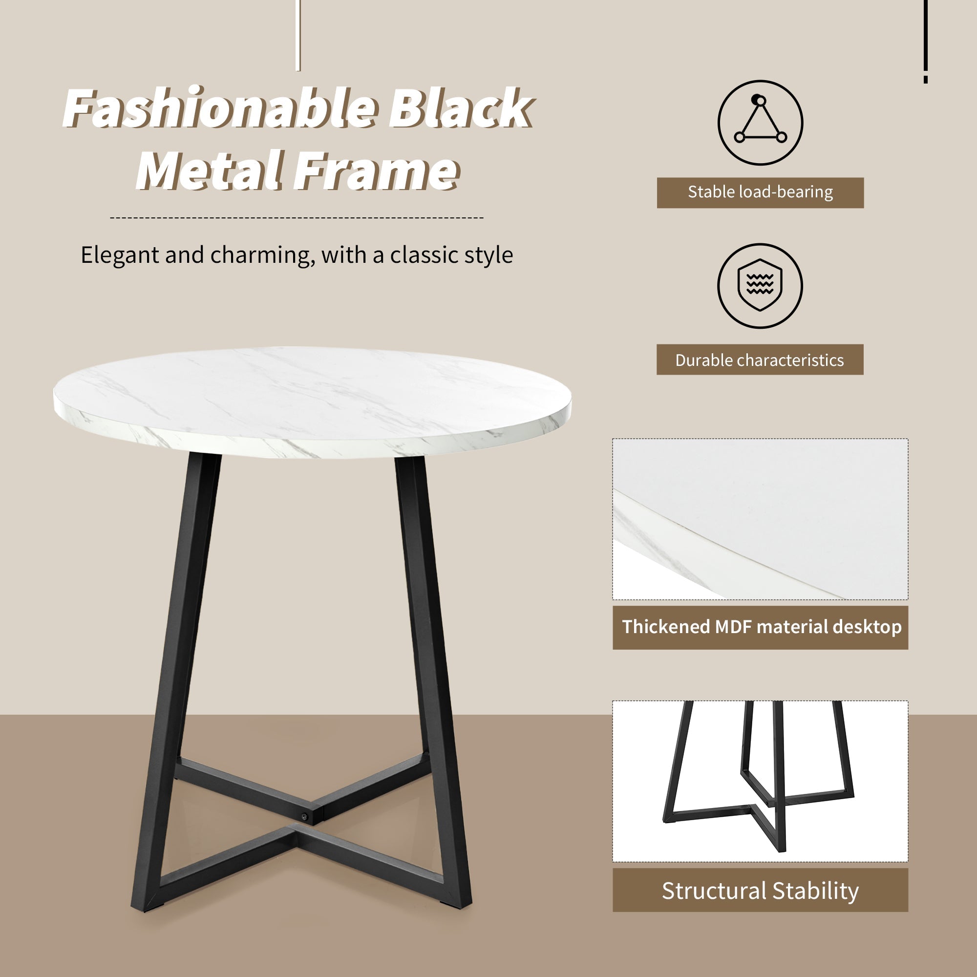 Round Dining Table, Modern Marble Pattern, Unique Metal Frame, White/Black