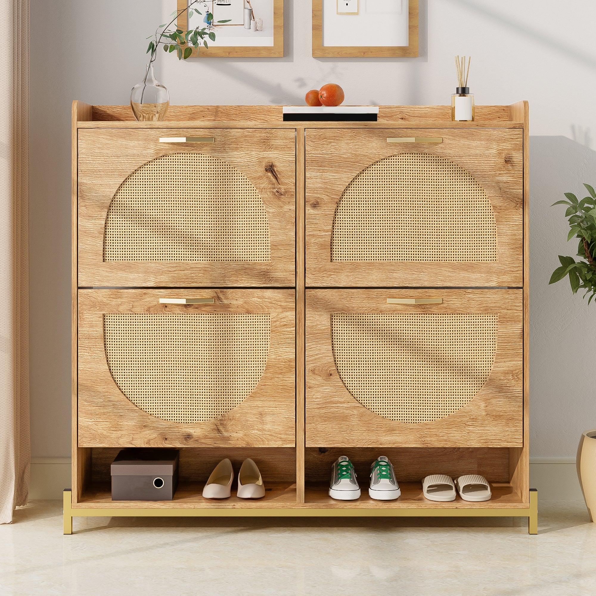 Shoe Cabinet, 4 Doors Metal Frame Top Shelf, Wooden Rattan