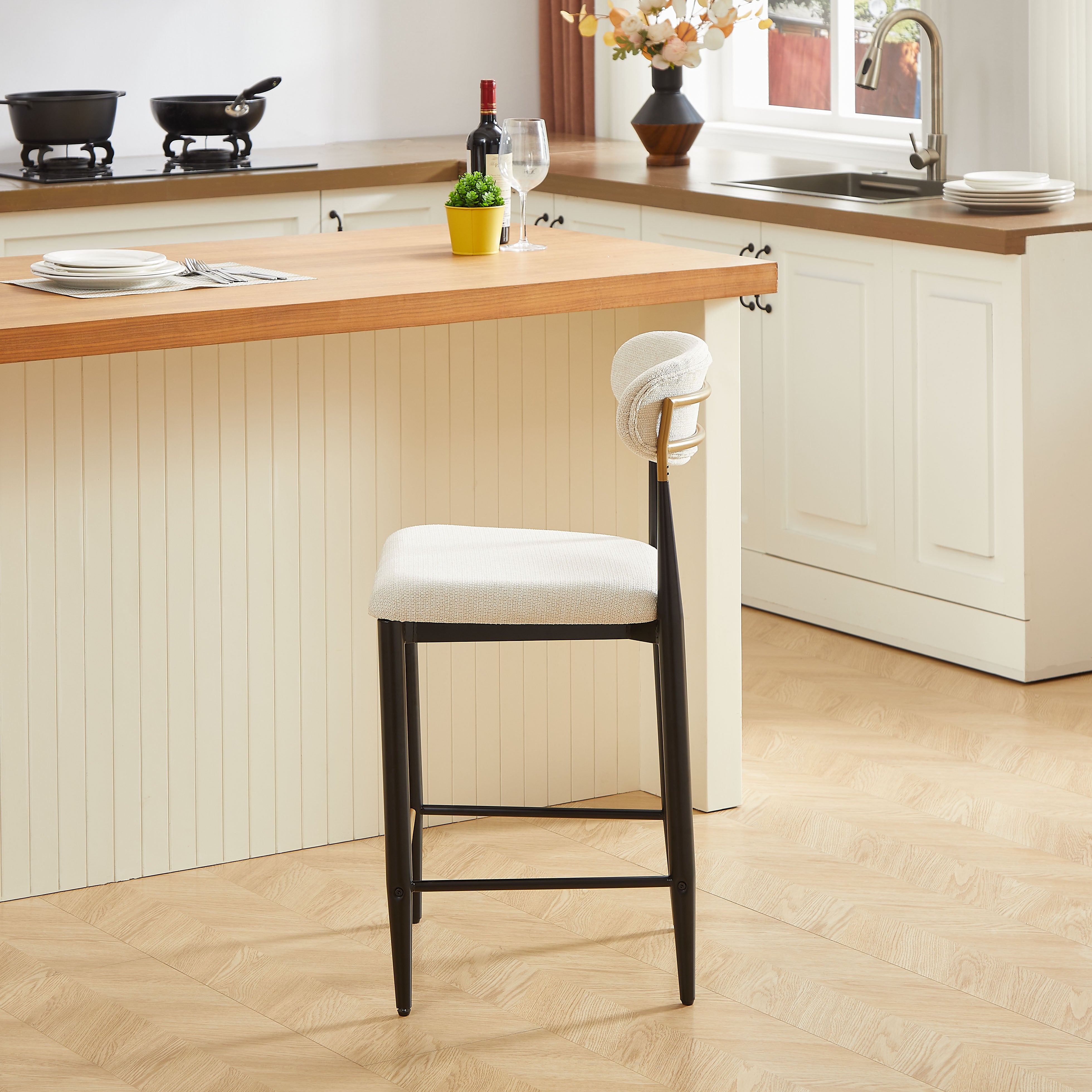 2-Pack Counter Height Bar Stools French Country Upholstered Curved Back - Black/Coffee Frame Cream Fabric