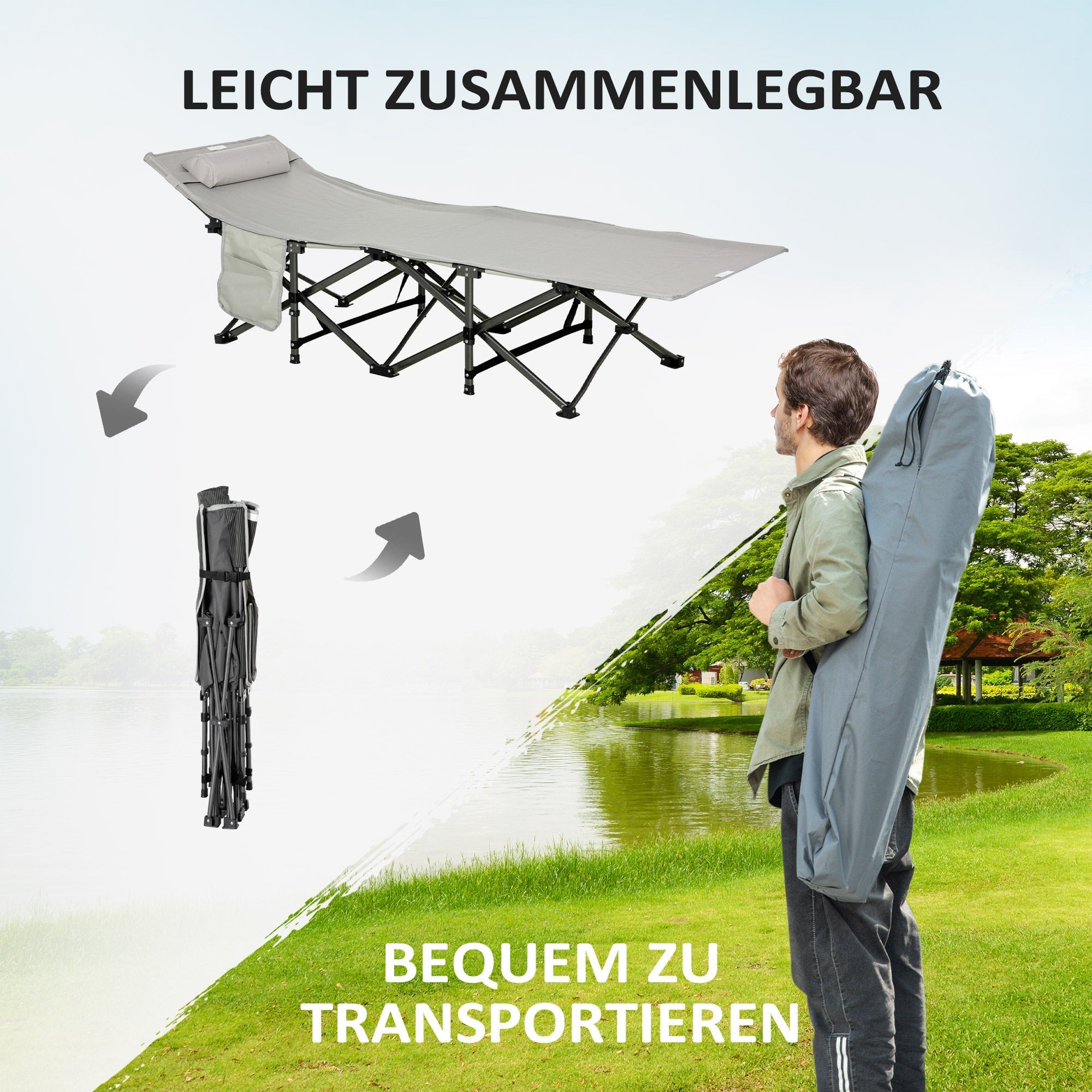 Campingliege faltbar mit Kissen, Seitentasche, 150kg, Hellgrau