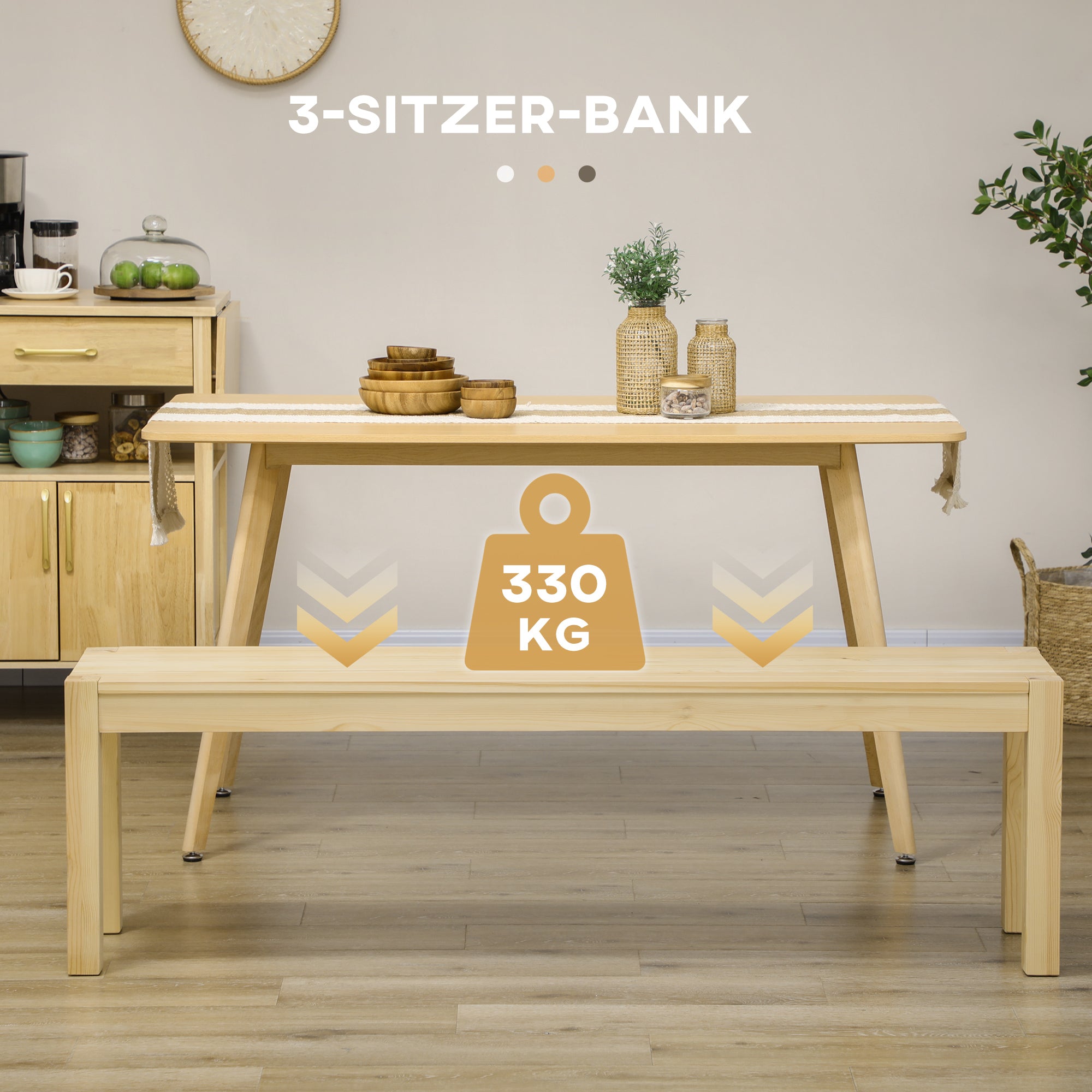 Dining Bench 3-Seater Country Style 330 kg Max Load Natural Pine Wood