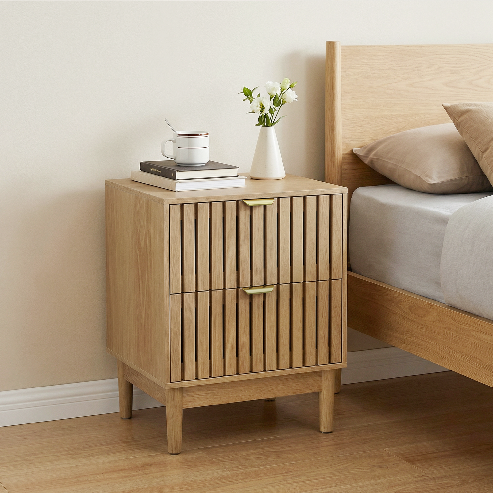 Mid-Century Modern Nightstand with 2 Drawers and Slatted Design, 45 x 39 x 56.5 cm, Oak-Colored Wood