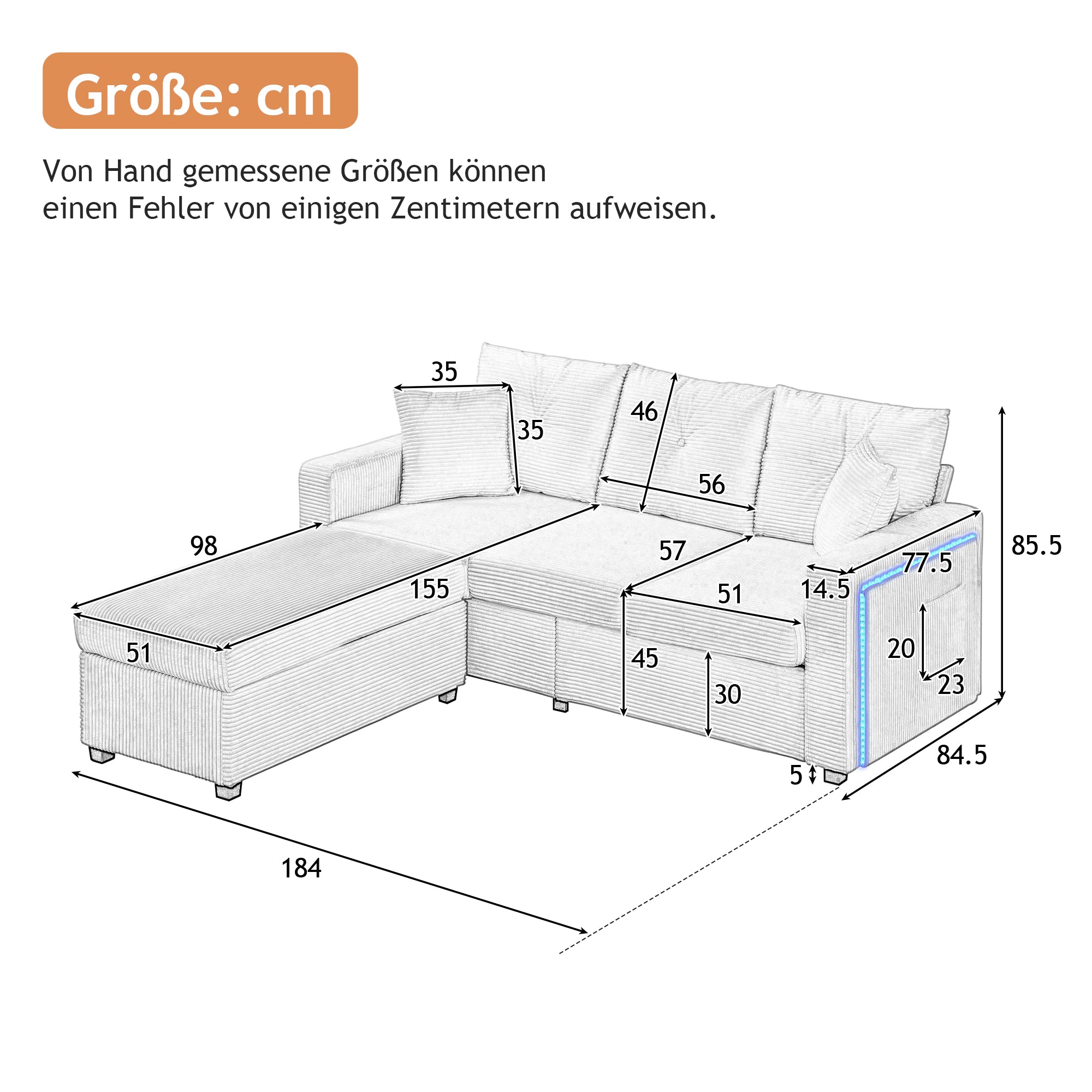 Sofa, 5-Cushion Supreme Set LED 3-Seater with Ottoman, Modular L-Shaped