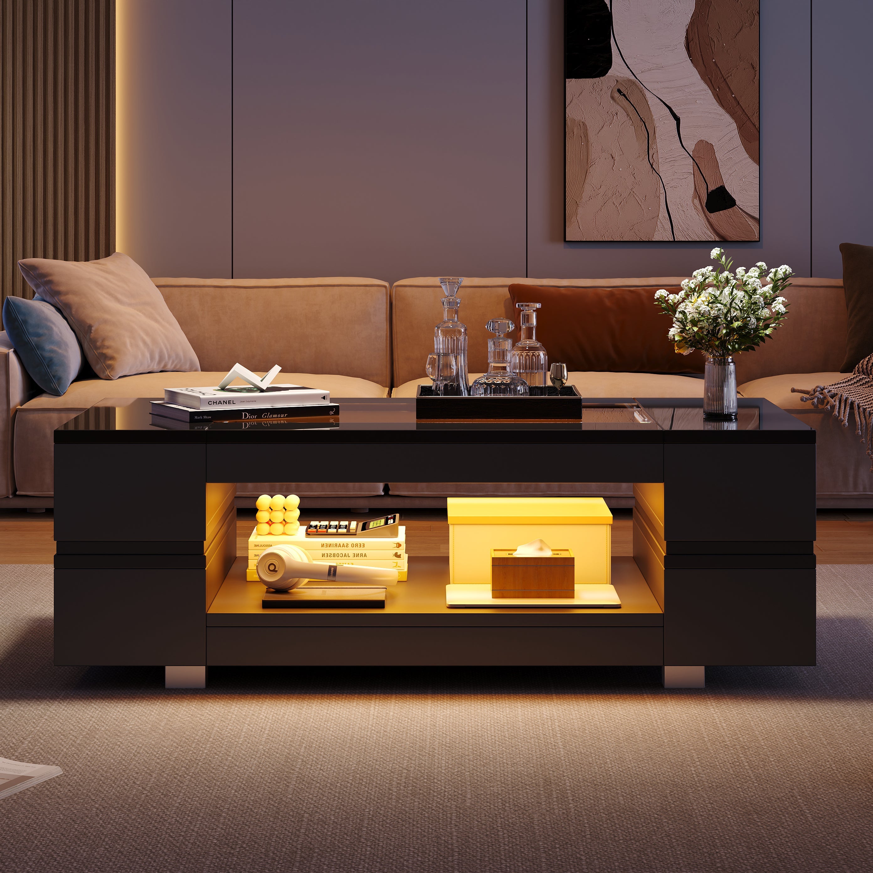 LED Coffee Table with Bluetooth App Control, Double-Layer High-Gloss, Black