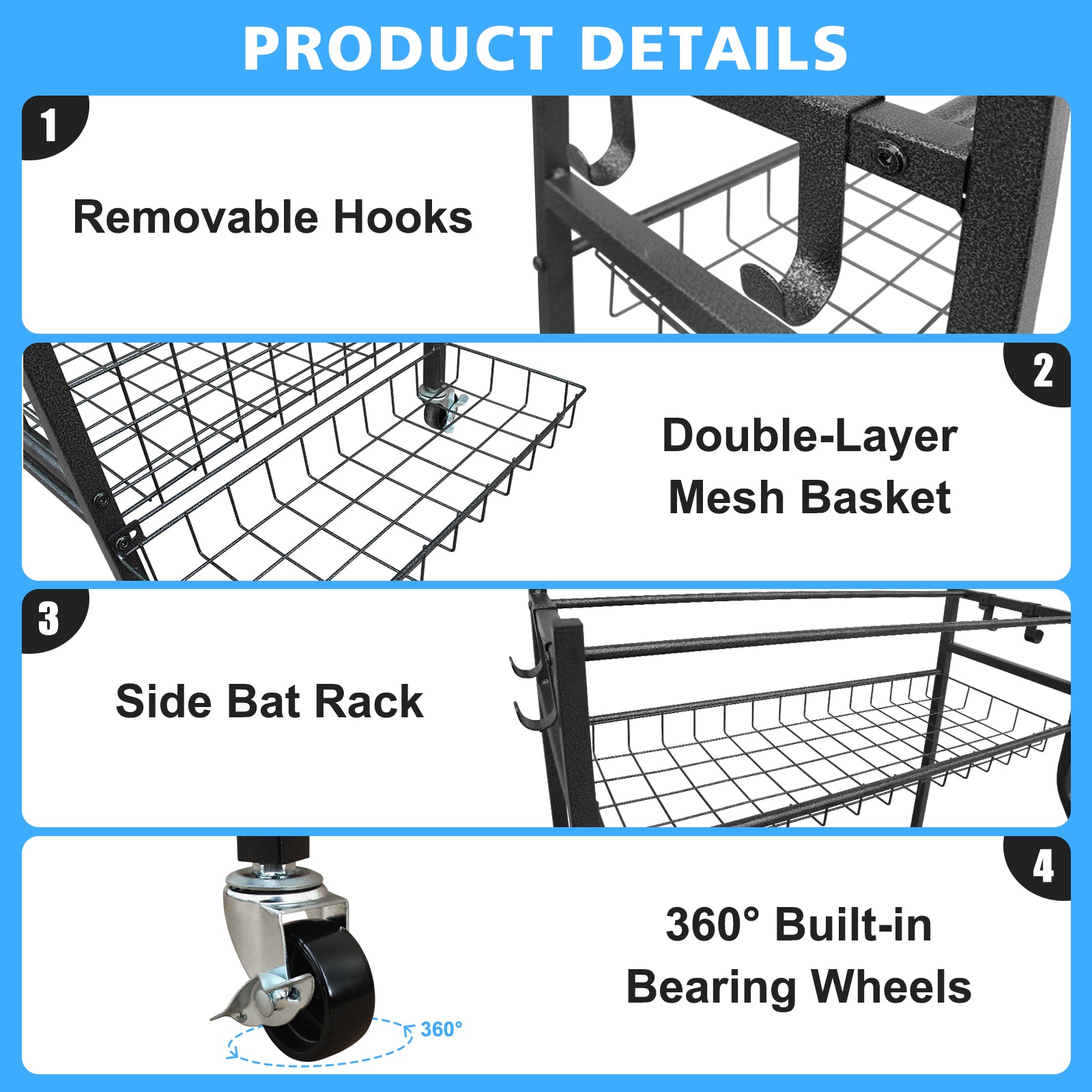Garage Sports Equipment Organizer Large Capacity Rolling Ball Cart Indoor/Outdoor