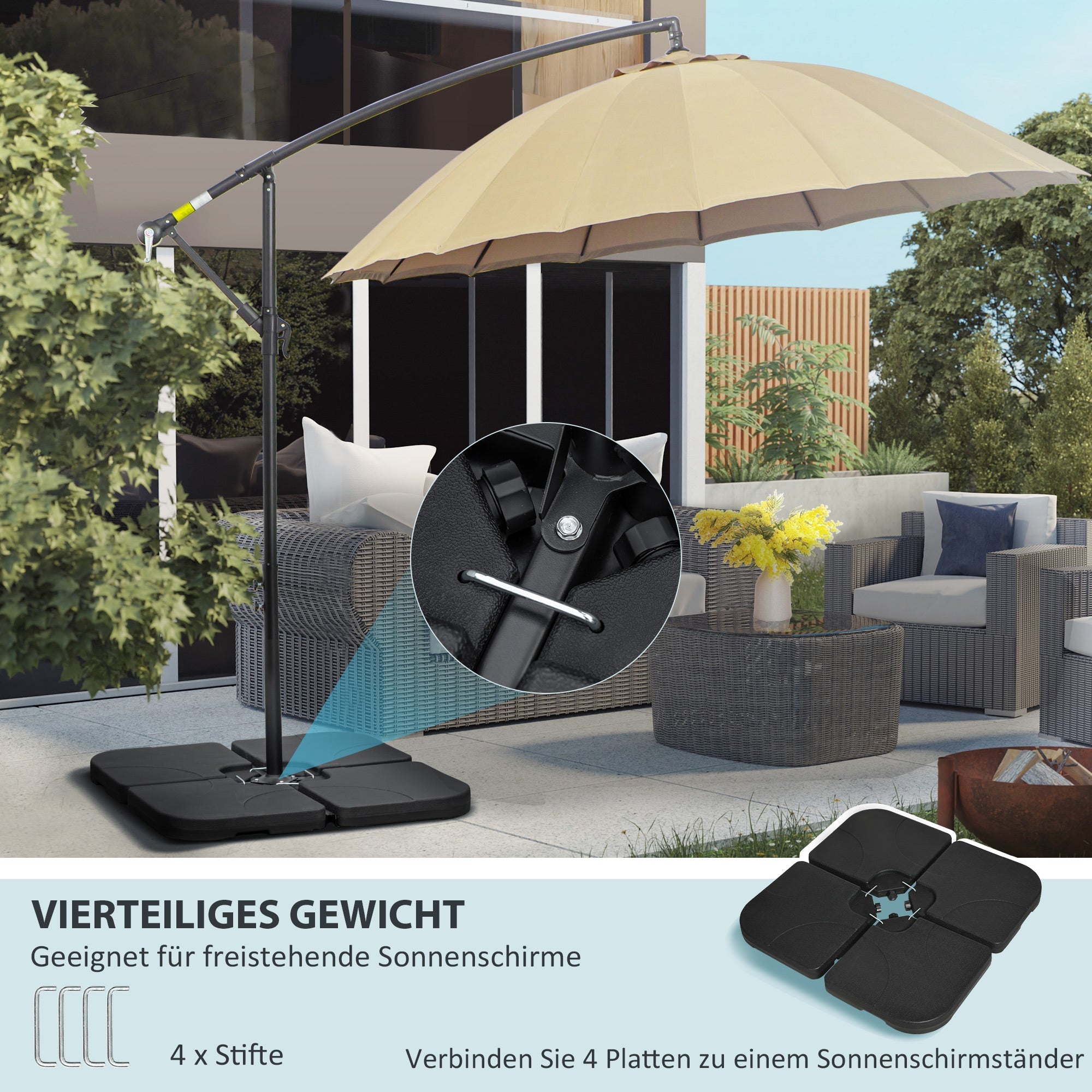 Parasol Stand 4-Piece Cantilever Base 60L Water or 78kg Sand Fillable, Black