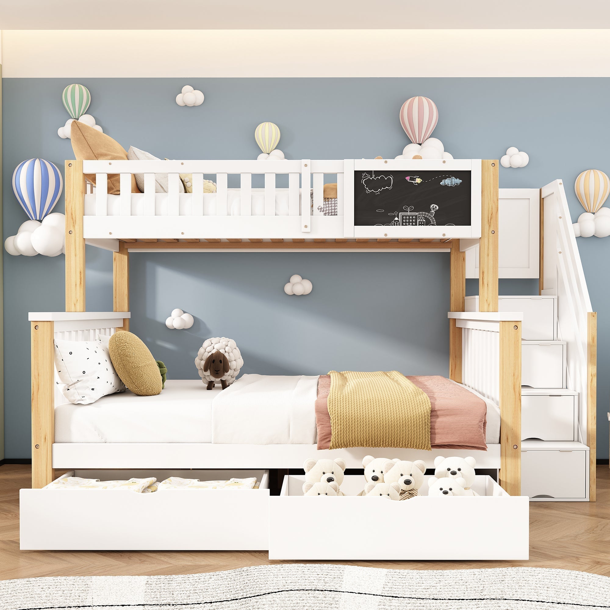 Children's Bunk Bed Multifunctional Chalkboard Drawers 90x200/140x200 - White/Light Oak