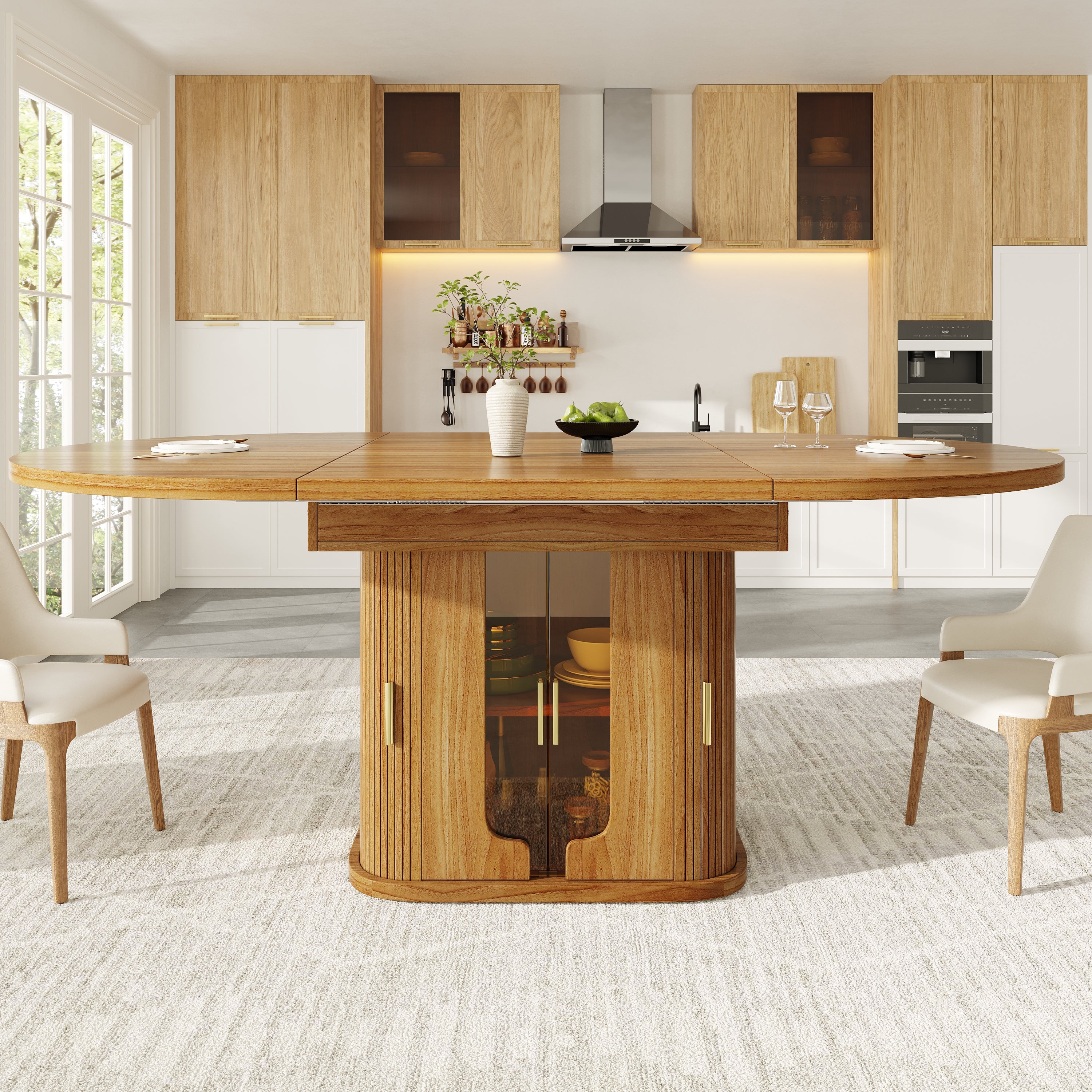 Extendable Round Dining Table, Oval 118-158 cm Seats up to 6 with Glass Doors, Walnut