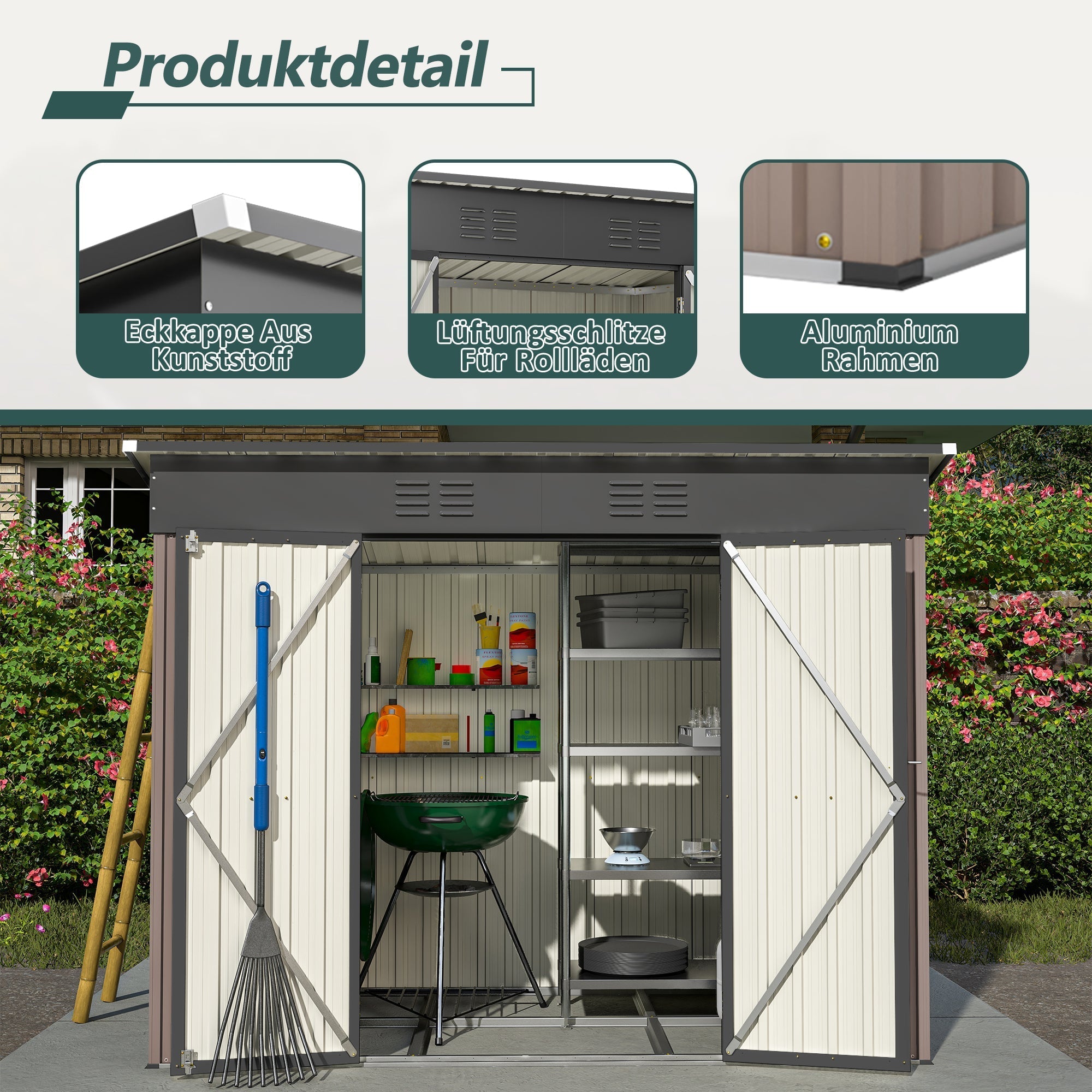 8x4 FT Metal Tool Shed Garden House with Metal Foundation, Brown