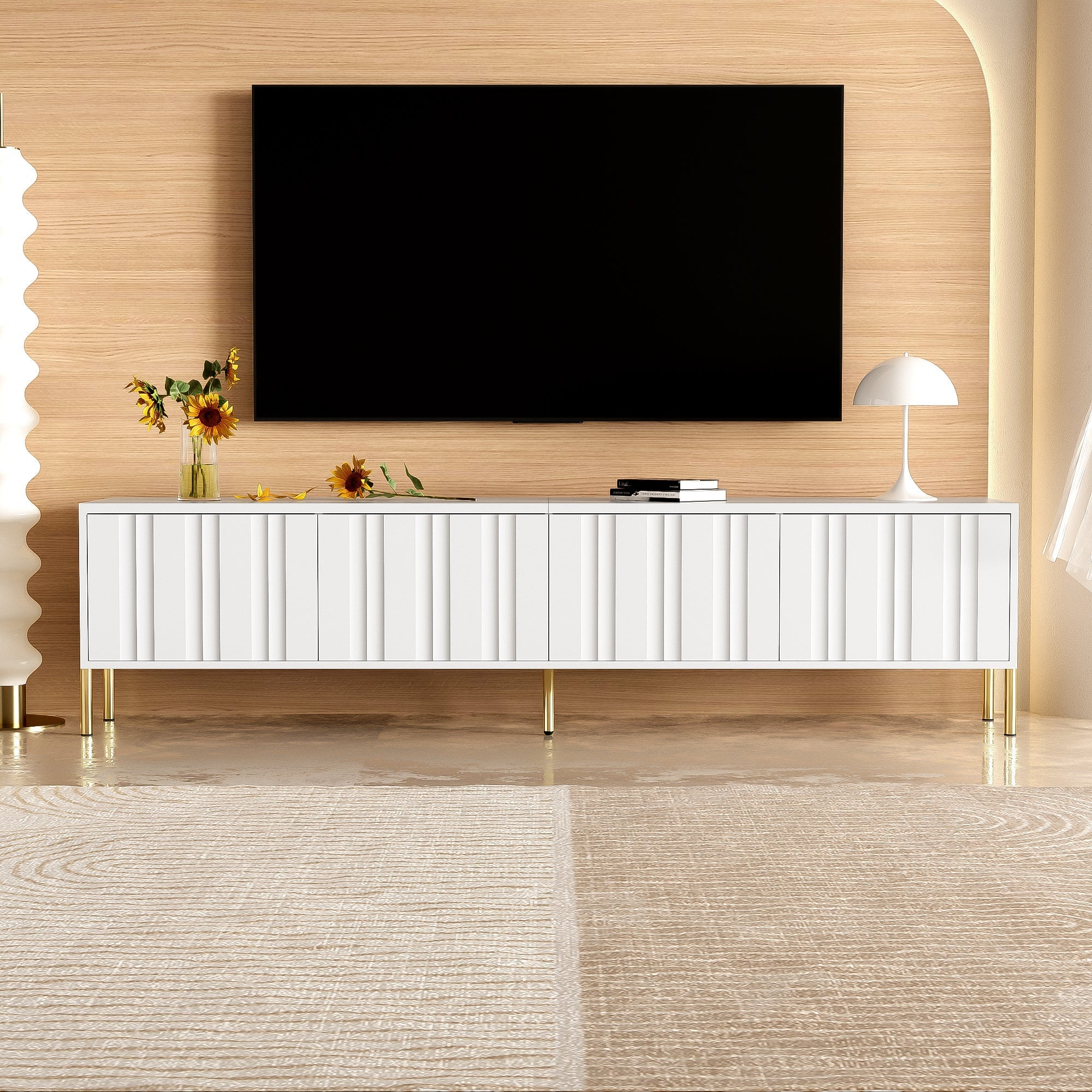 TV Cabinet 190cm Grooved Door Gold Legs - White