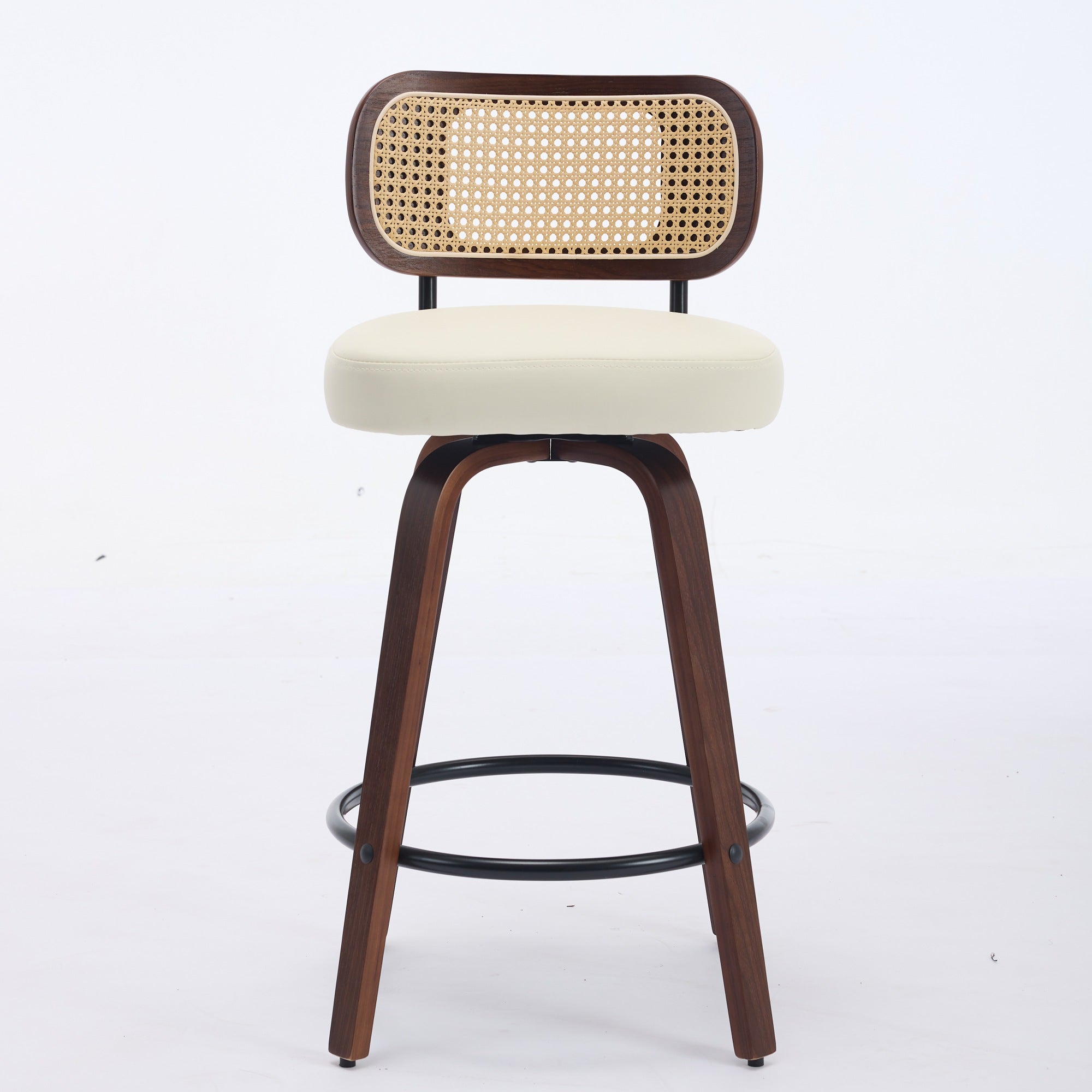 Set of 3 Swivel Bar Stools with Rattan Cane Back and Upholstered Seat, Walnut and Beige