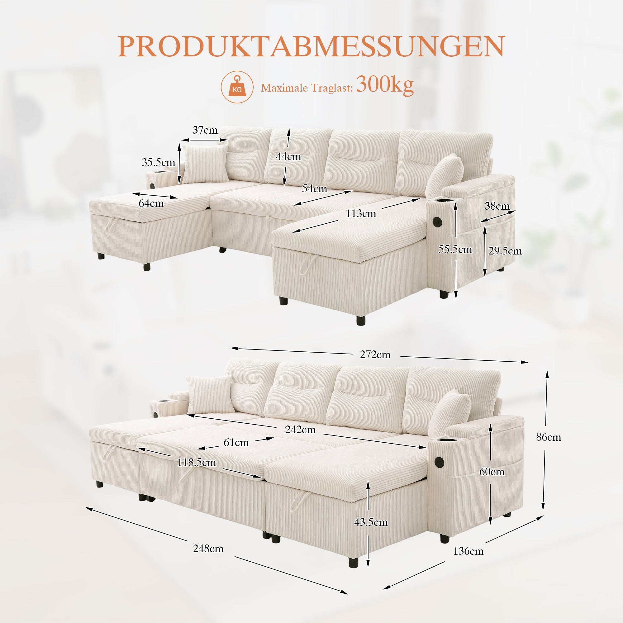 Modern 4-Seater Sofa with Double Chaise, Pull-out Bed, Storage and USB Ports, Beige Velvet