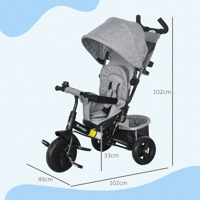 6-in-1 Tricycle with Push Bar, Removable Sun Canopy, 5-Point Safety Harness, Grey