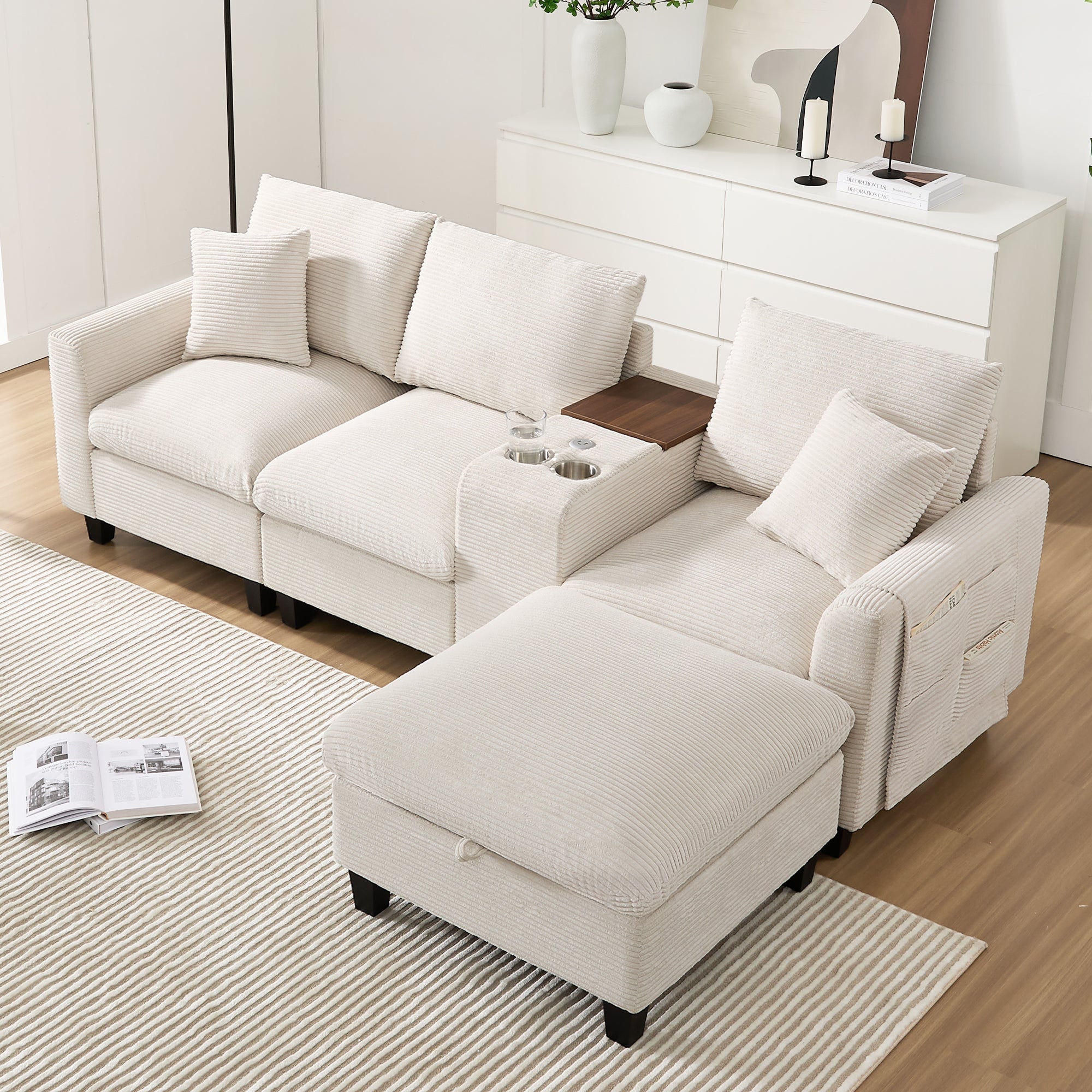Modern L-shaped Convertible Corner Sofa with Console & USB, Corduroy Fabric