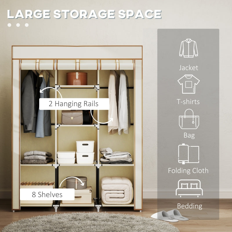 Fabric Wardrobe with Rails and Shelves, Cream White