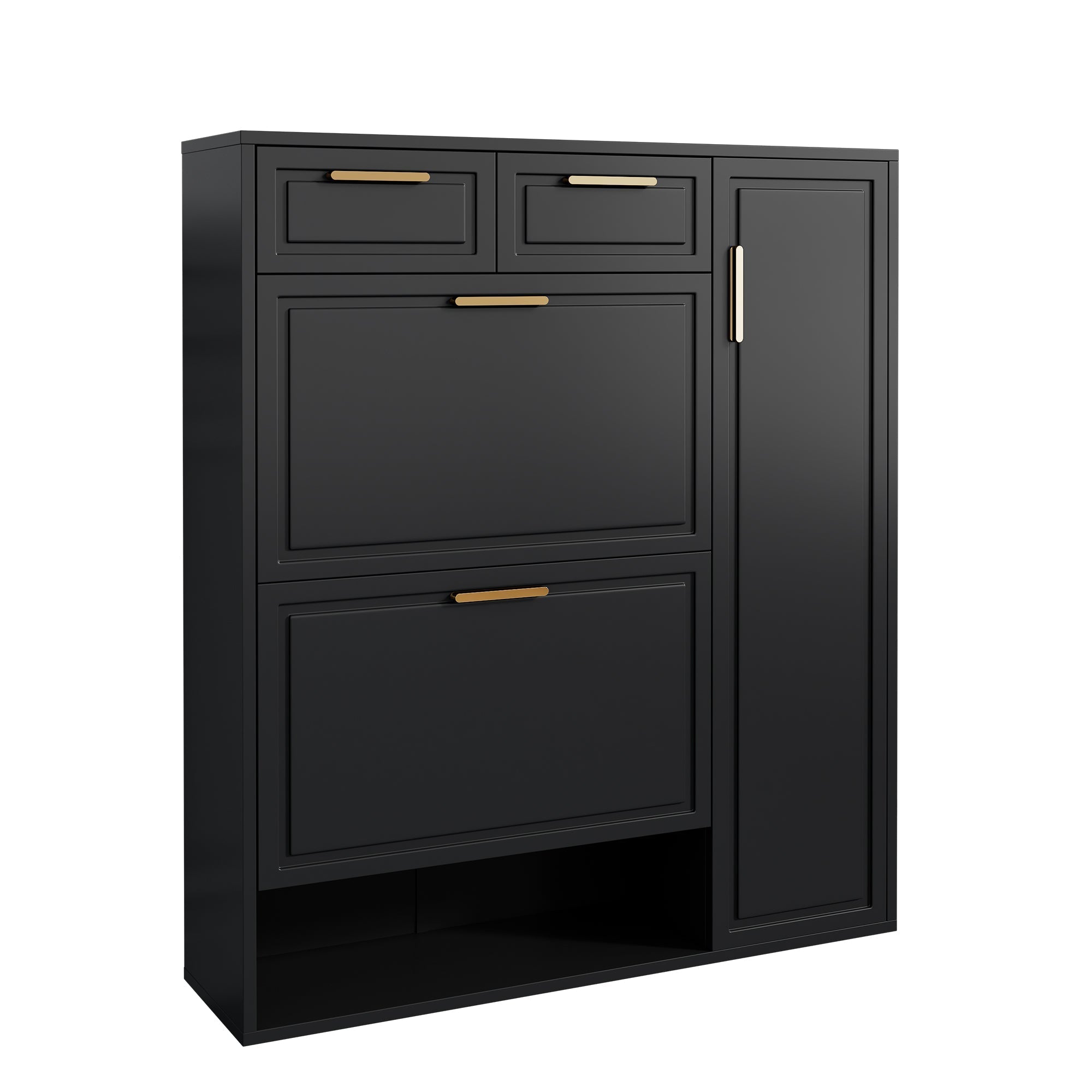 Modern Shoe Cabinet with Adjustable Shelves, Gold Handles, Drawers, Folding Doors, Black