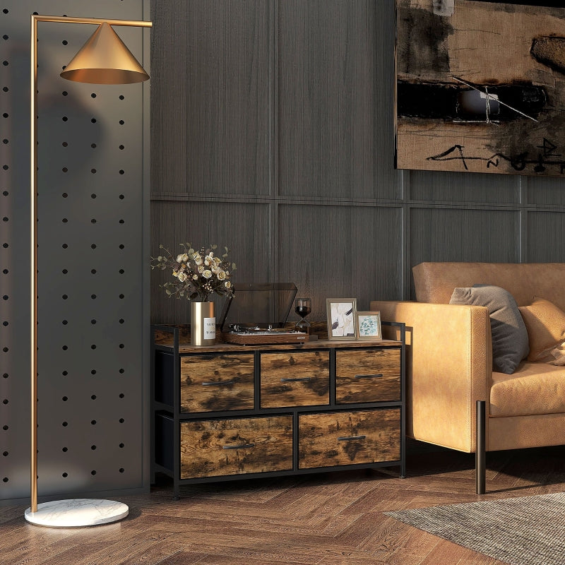 Chest of Drawers, 5-Drawer Fabric, Steel Frame, Rustic Brown