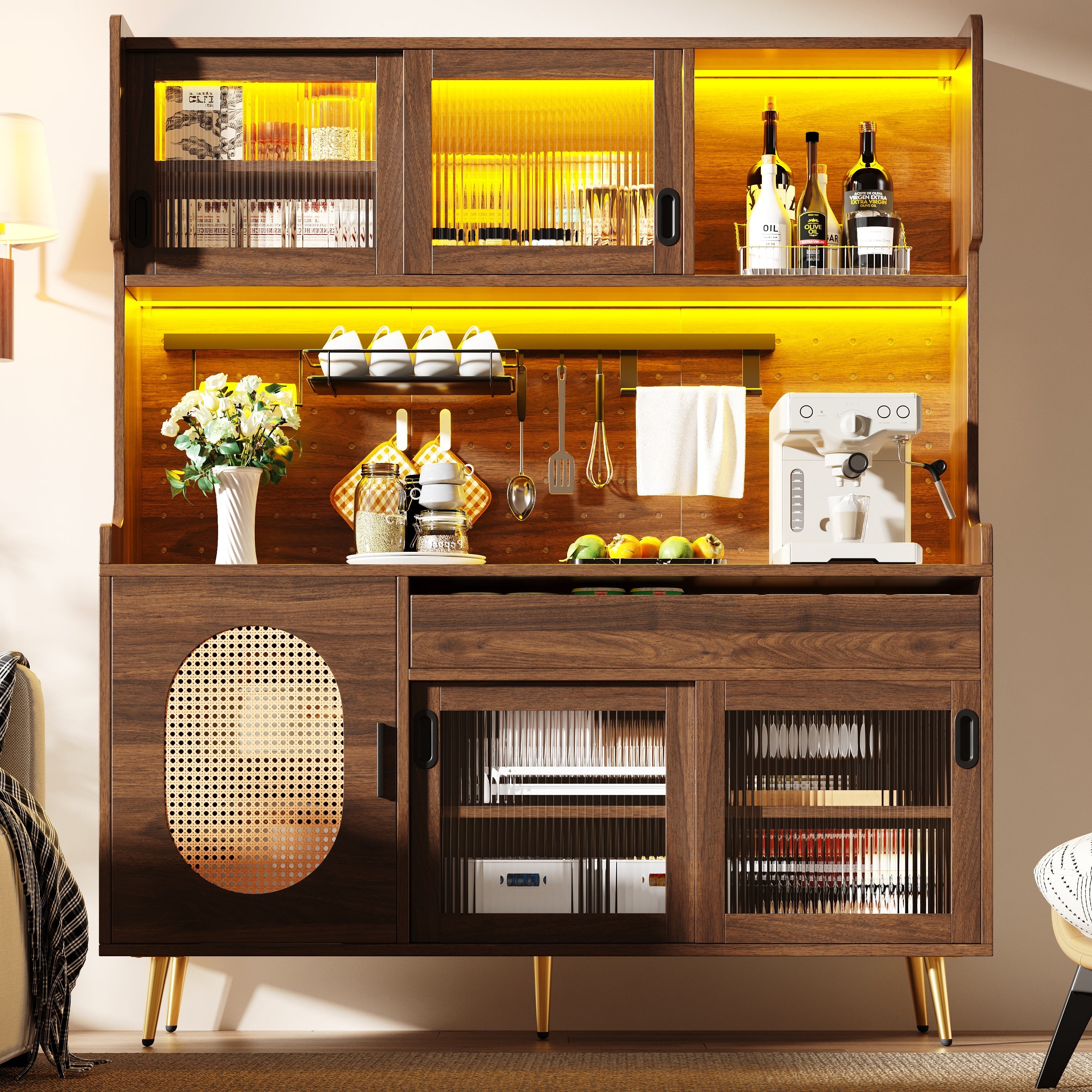 Sideboard Kitchen Buffet Cabinet with LED Strip and Fluted Glass Doors, Brown and Black