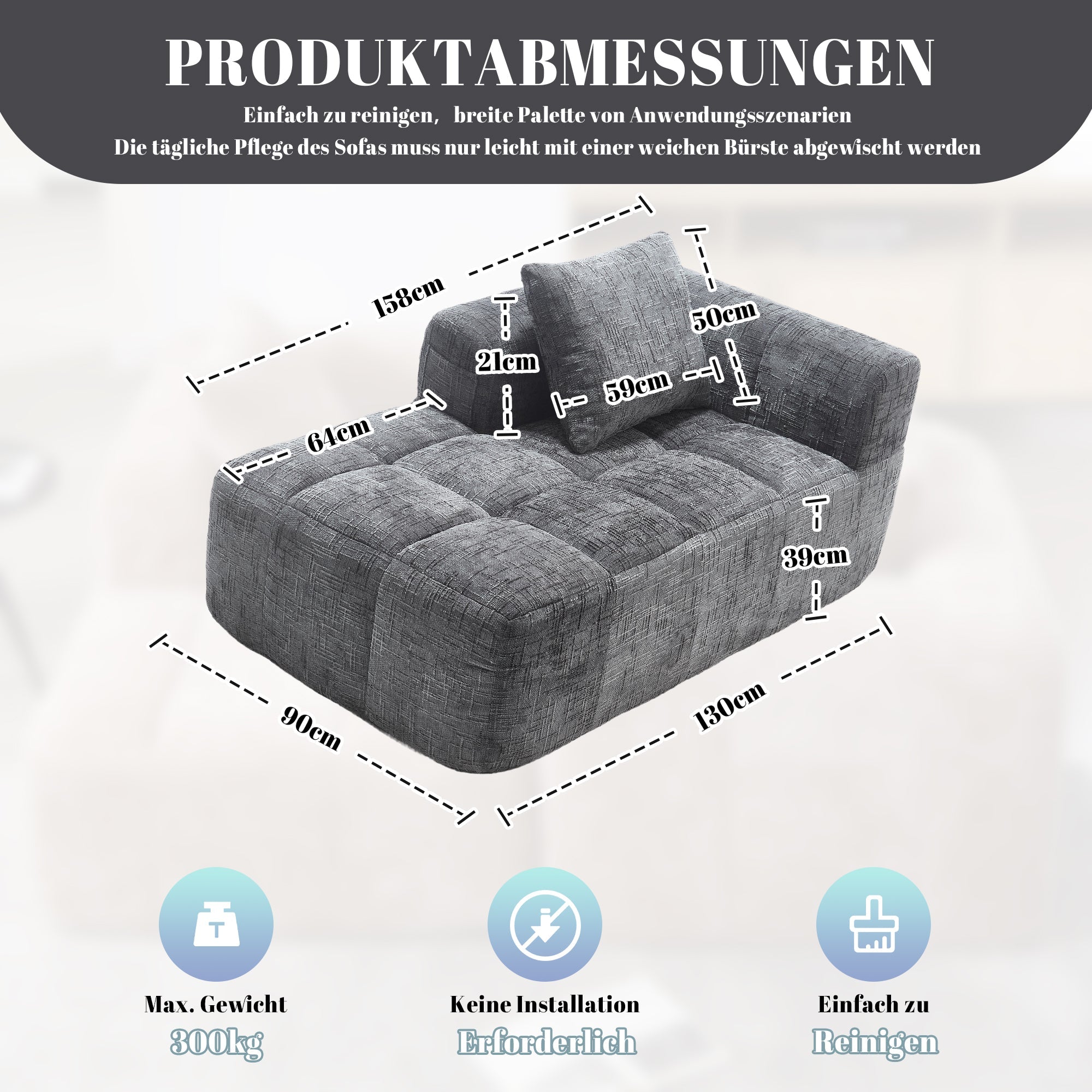Chaise Longue Sofa, No Assembly Soft Cushions Side Pockets - Grey