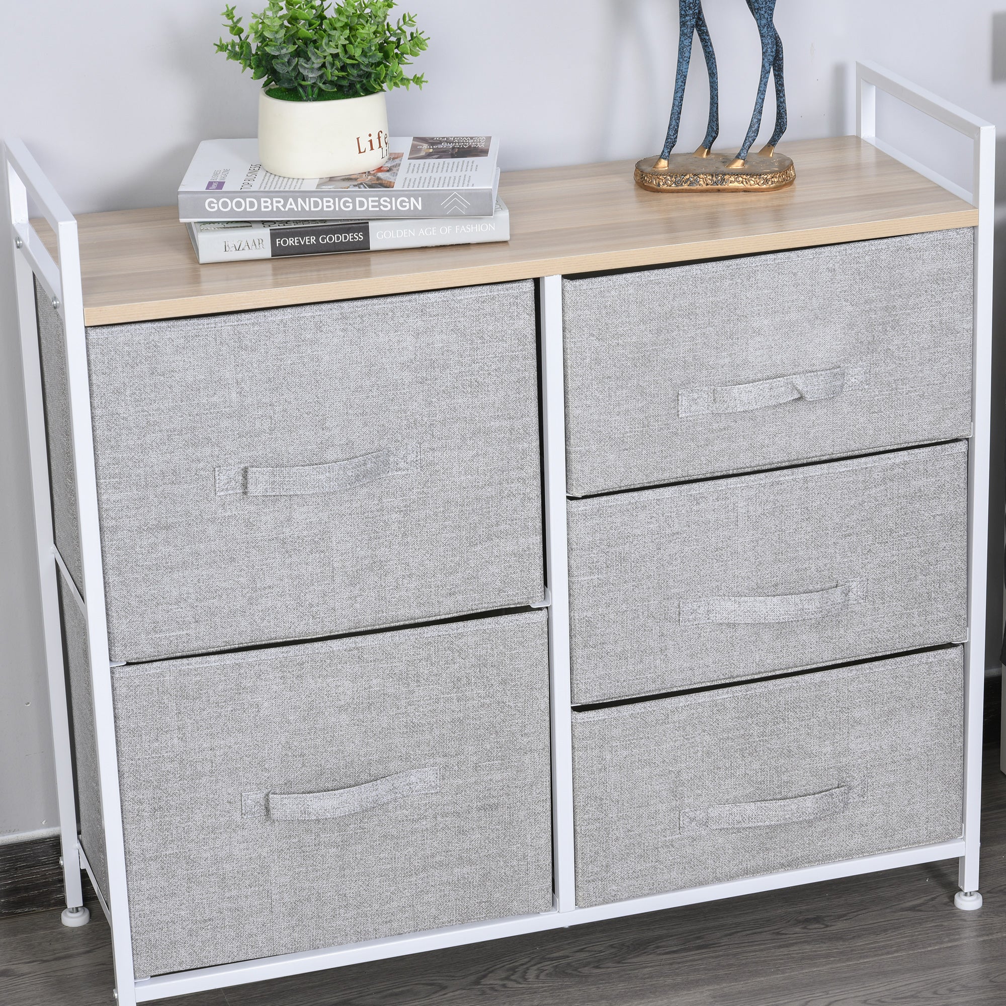Chest of Drawers, 5 Fabric Drawers, Grey Fabric Wood Metal Frame