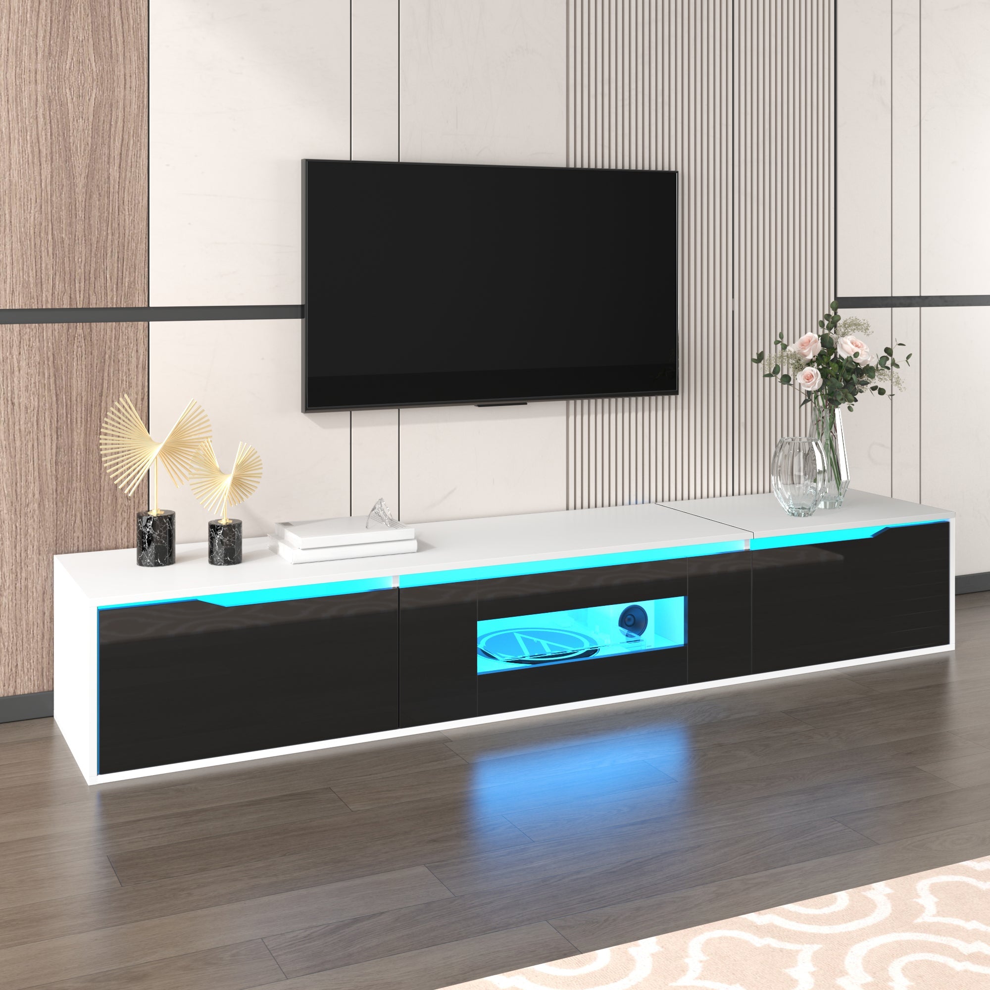 TV Cabinet, high-gloss with LED lighting, black and white