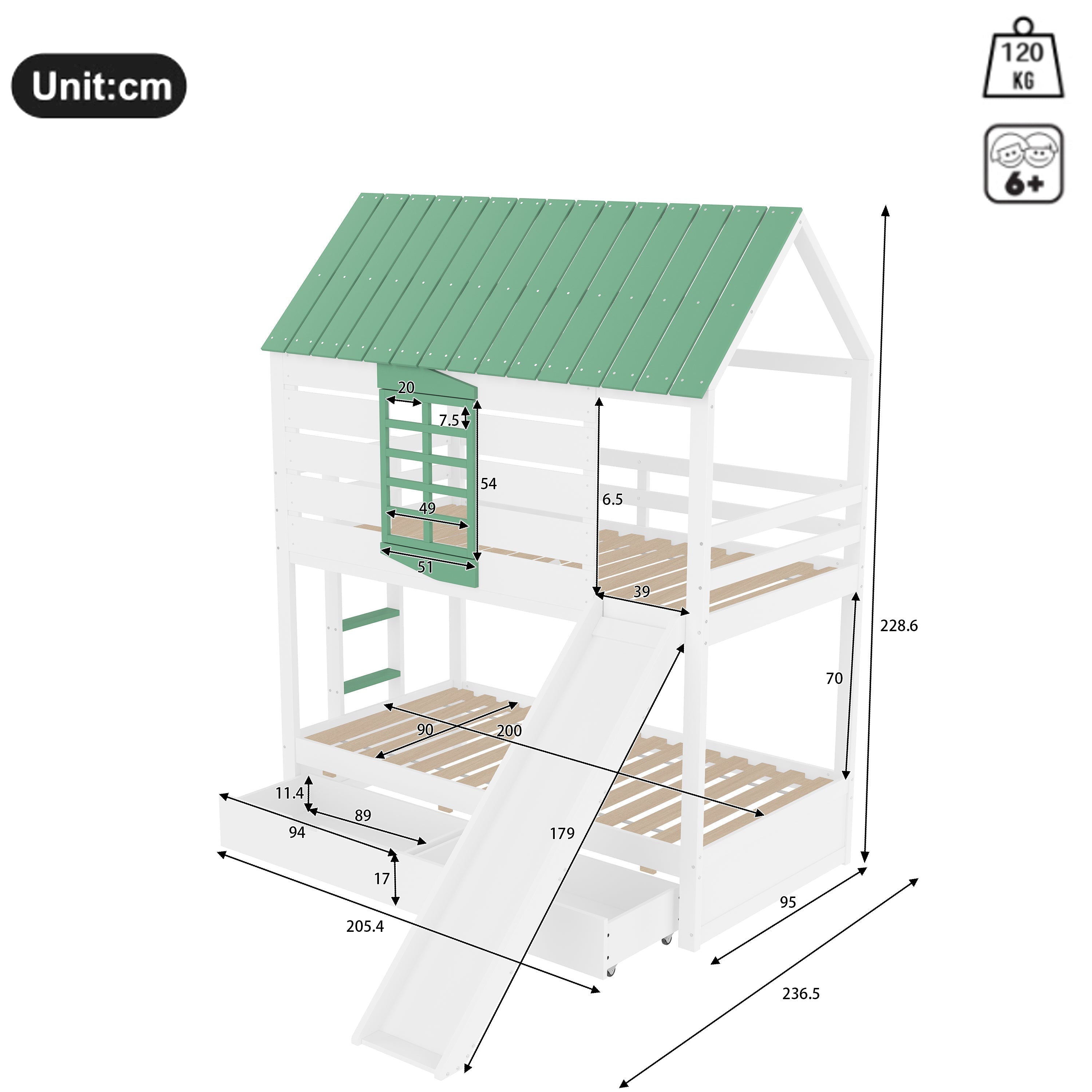 90X200 House Bunk Bed with Slide and 2 Drawers, White+Green