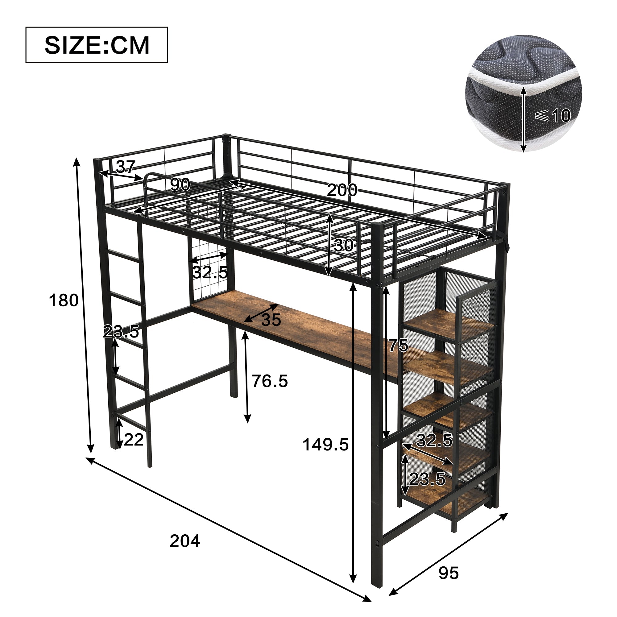Loft Bed 90x200cm with Table and Shelving Unit, Iron/MDF Black/Dark Wood