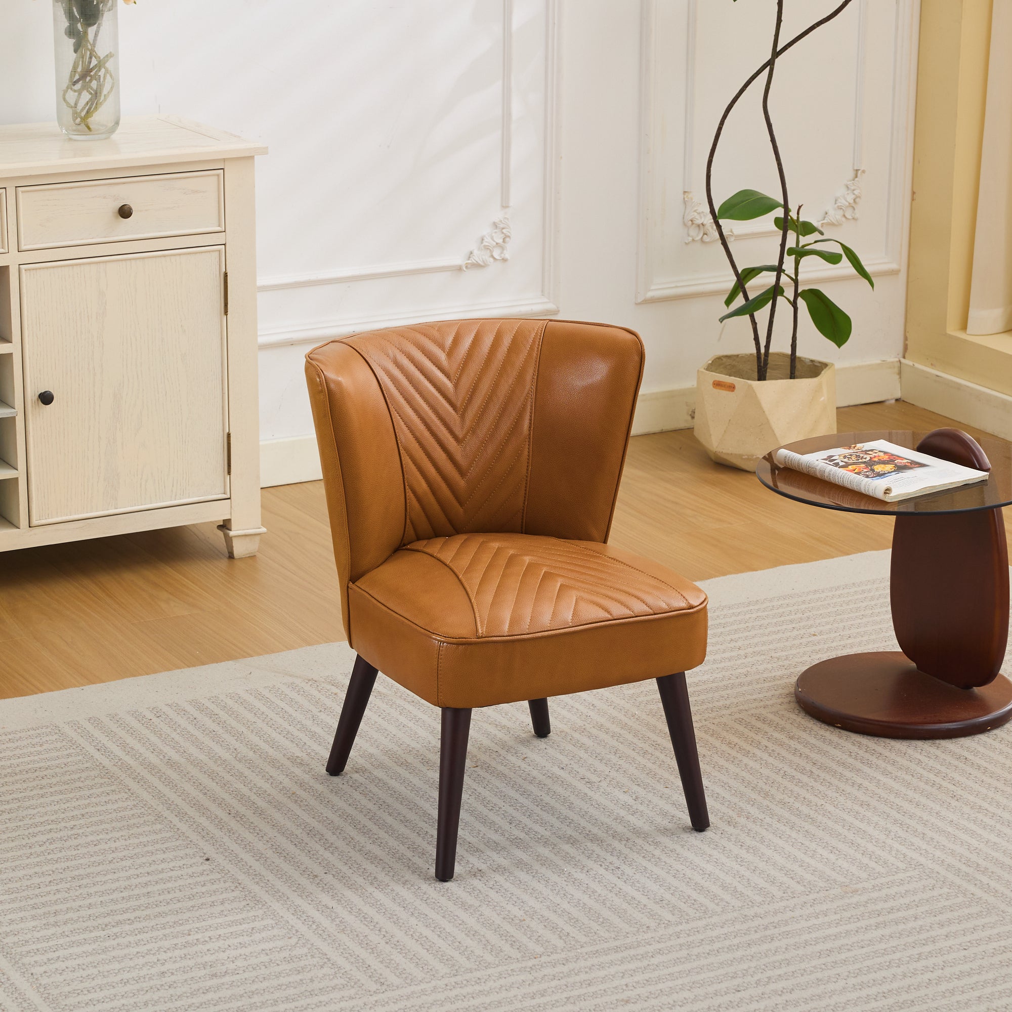 Lounge Chair Armless Genuine Leather Solid Rubberwood Base - Light Brown