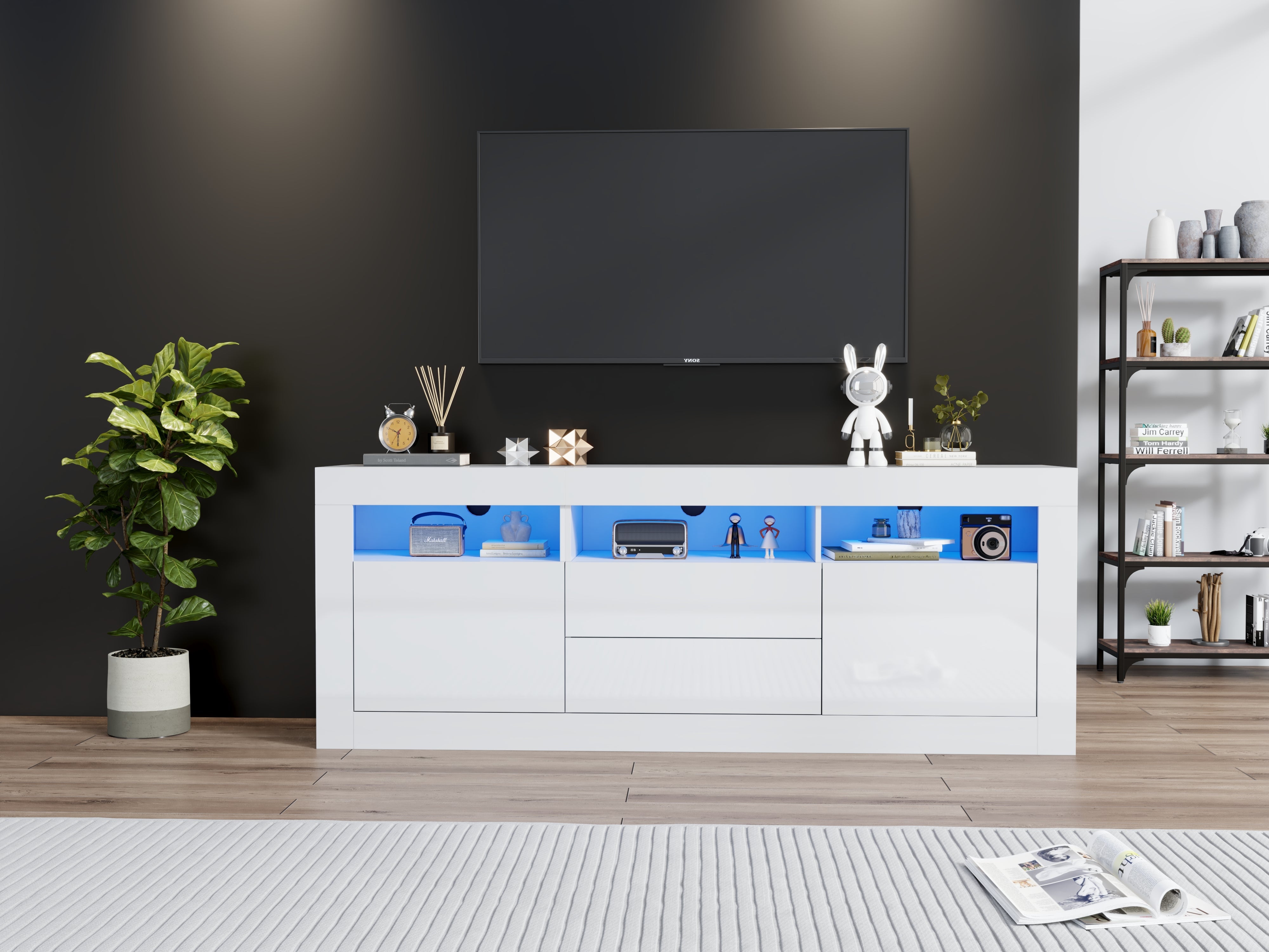 TV Cabinet, 160x35x60cm LED Lit, 3 Open, 2 Doors, 2 Drawers, Smart App Control, High Gloss