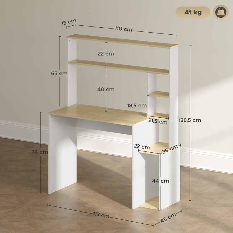 Desk, Computer Office Table with Open Shelves, CPU Stand, Steel Frame, Oak