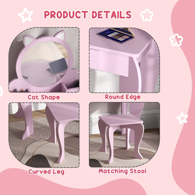 Kids Vanity Table with Mirror, Stool, Drawer, Cat Design, for Ages 3-6 Years - Pink