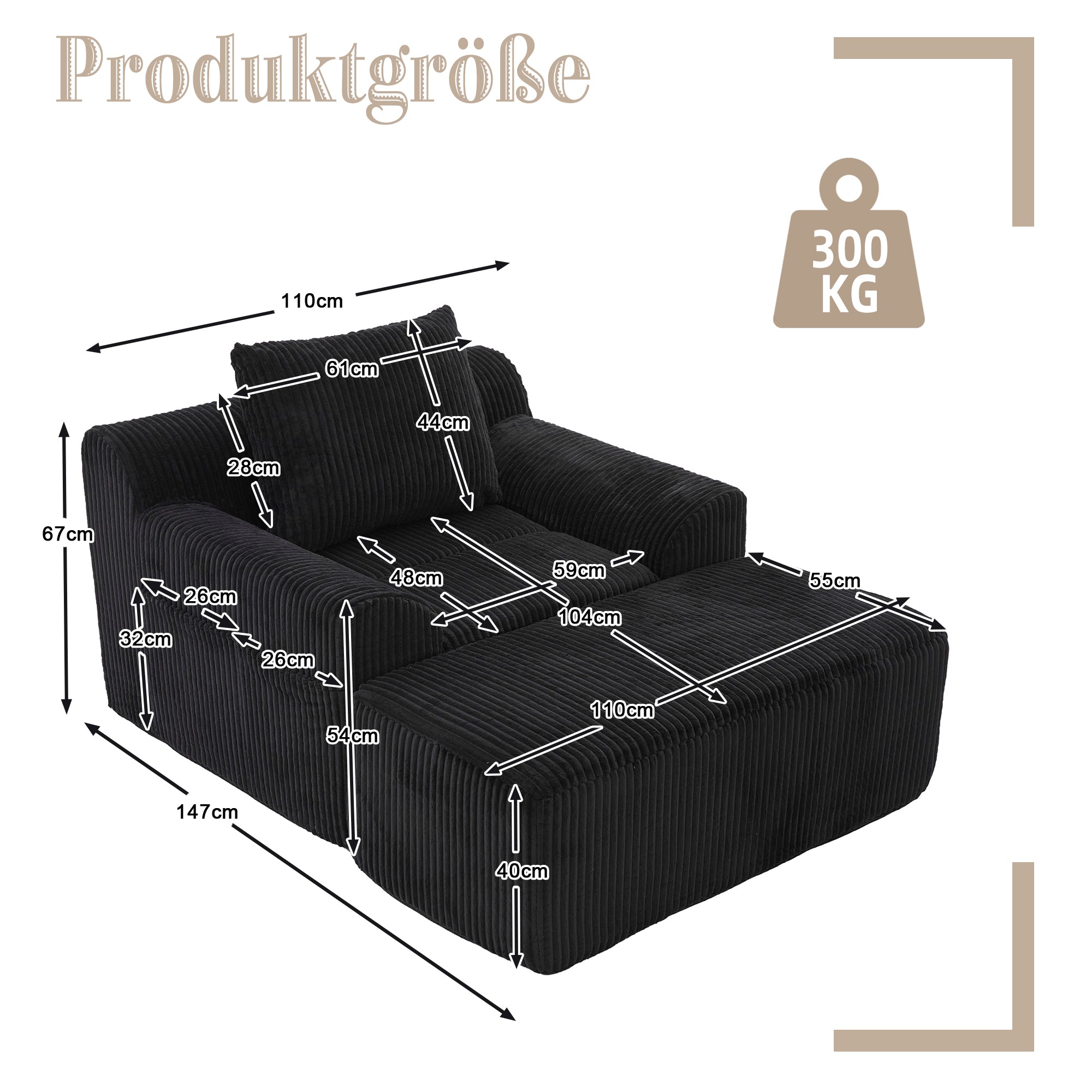 Oversized Sofa Chair, Deep Seat Boneless Upholstered with Side Pockets, Corduroy